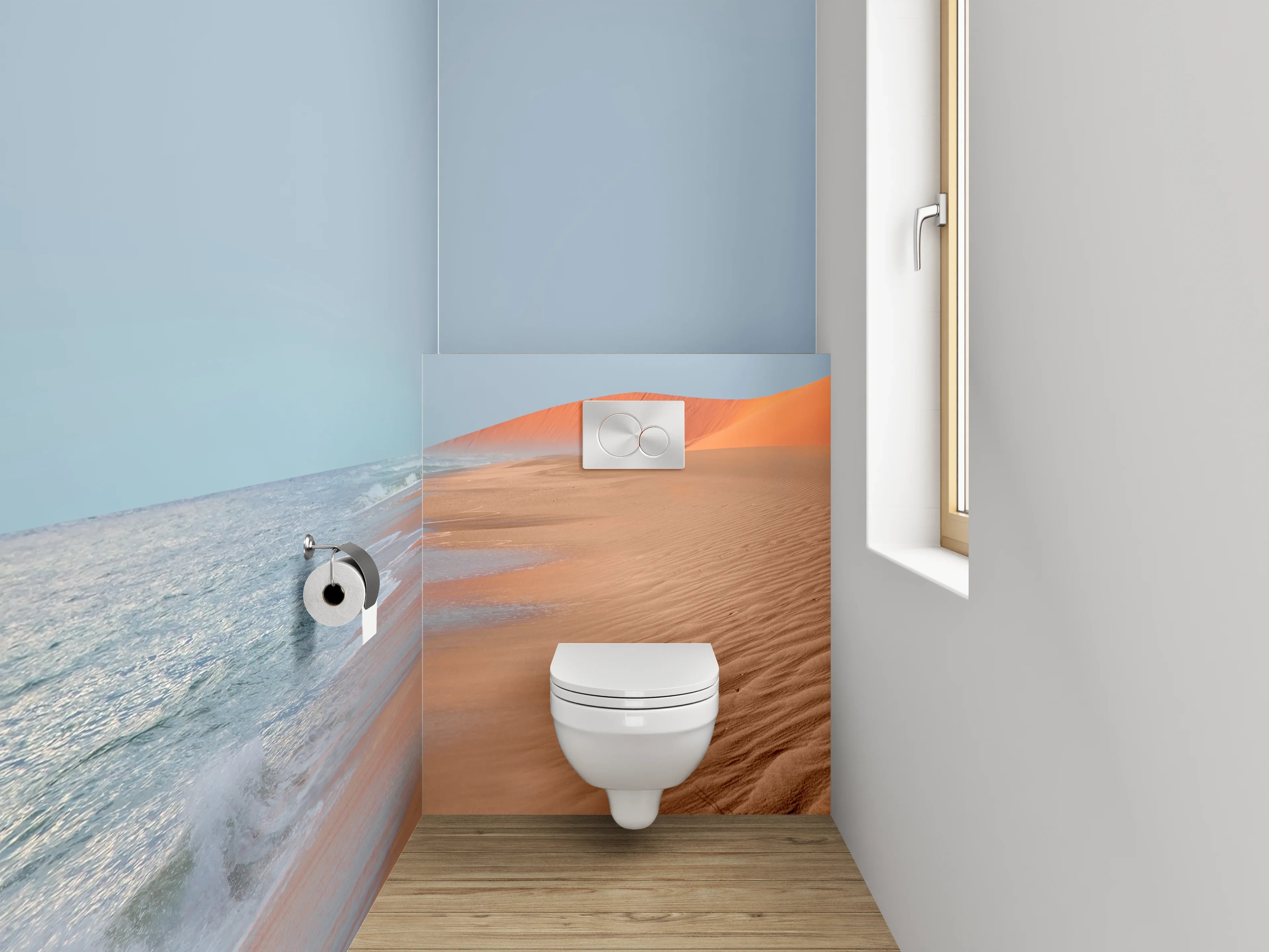 WC-Rückwand - Wüstenstrand mit Meereswellen und Sonne