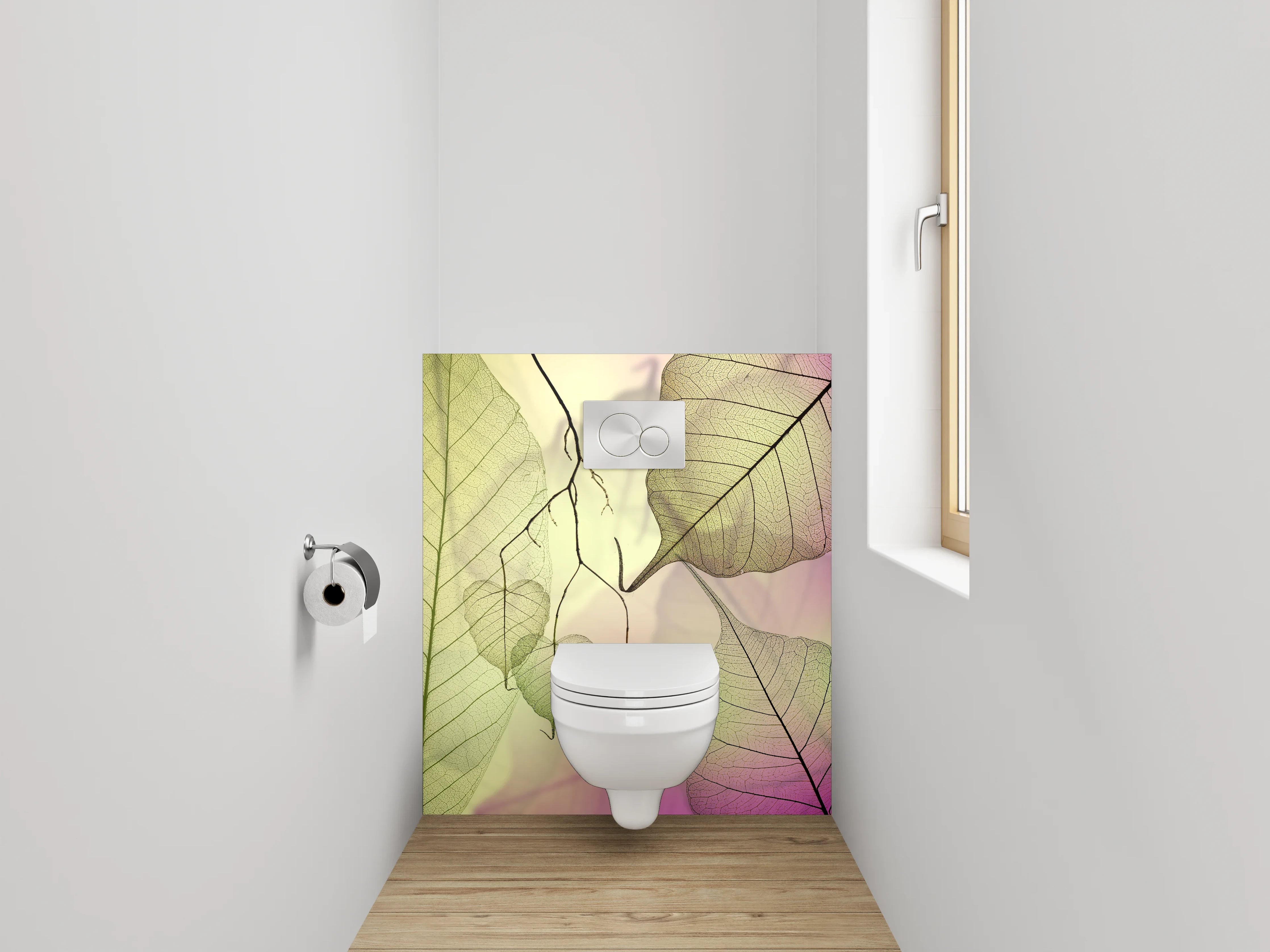 WC-Rückwand - Zarte Blätter auf sanftem Pastell