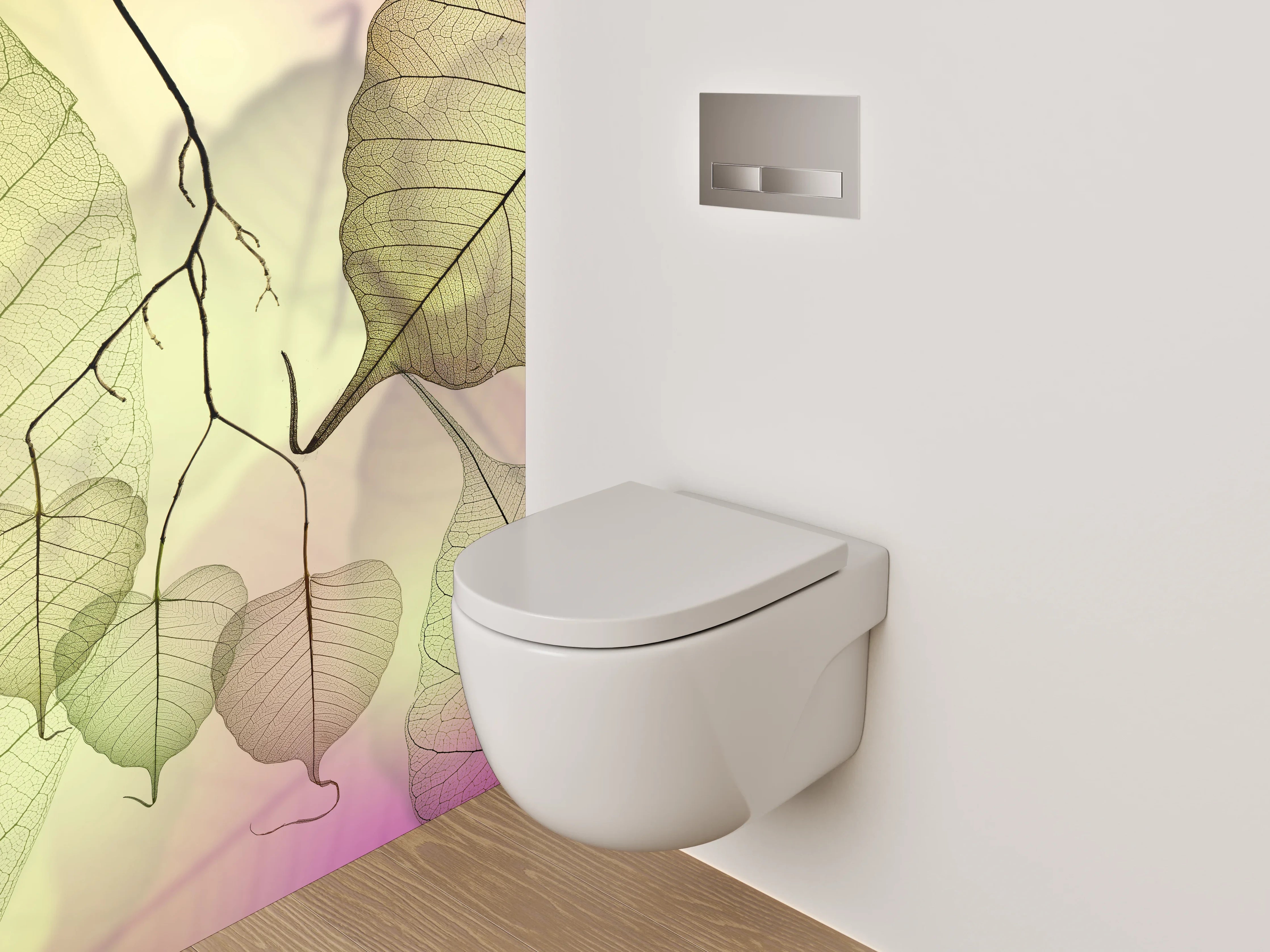 WC-Rückwand - Zarte Blätter auf sanftem Pastell