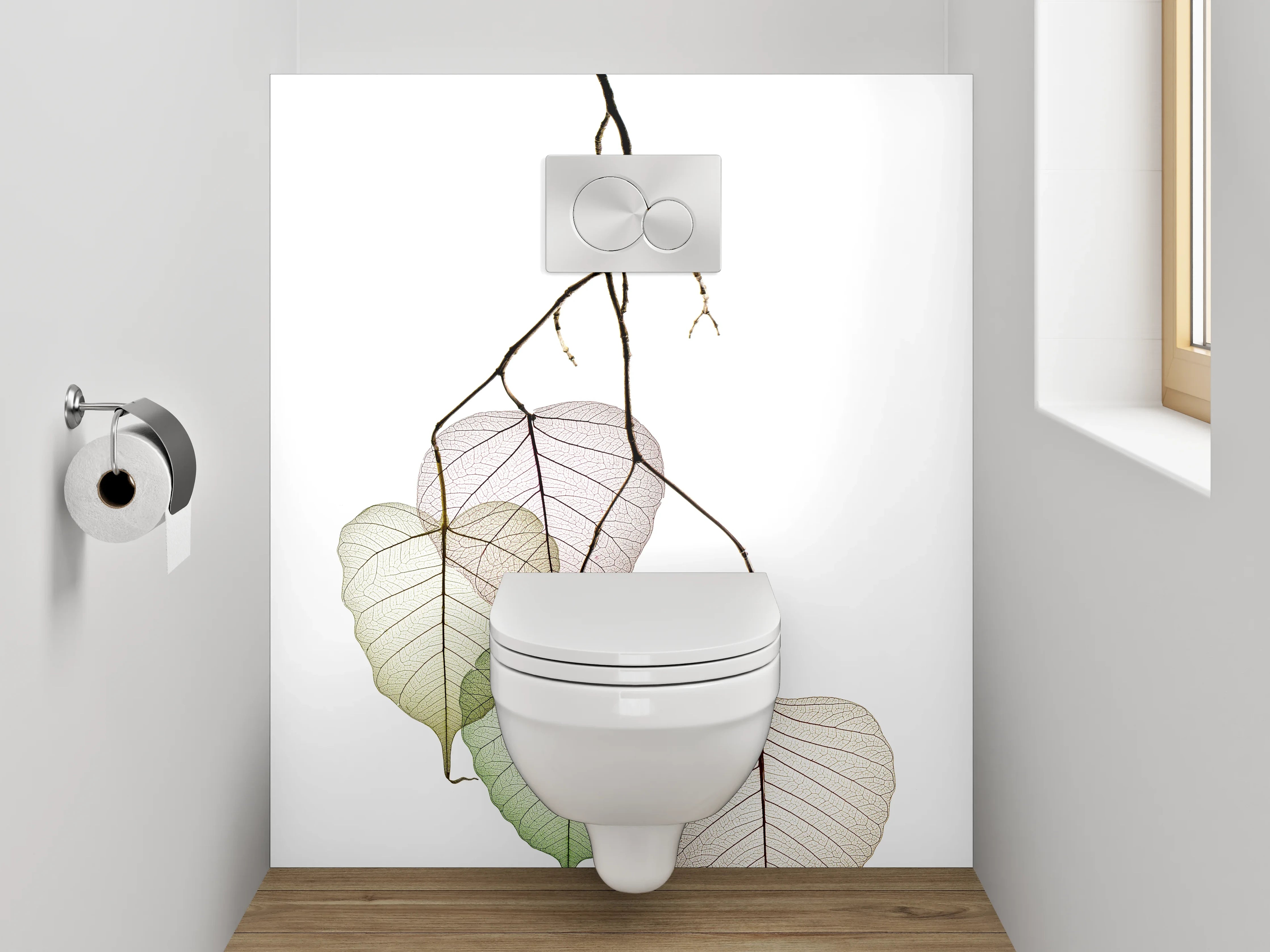 WC-Rückwand - Zarte Blätterzweige auf Weiß