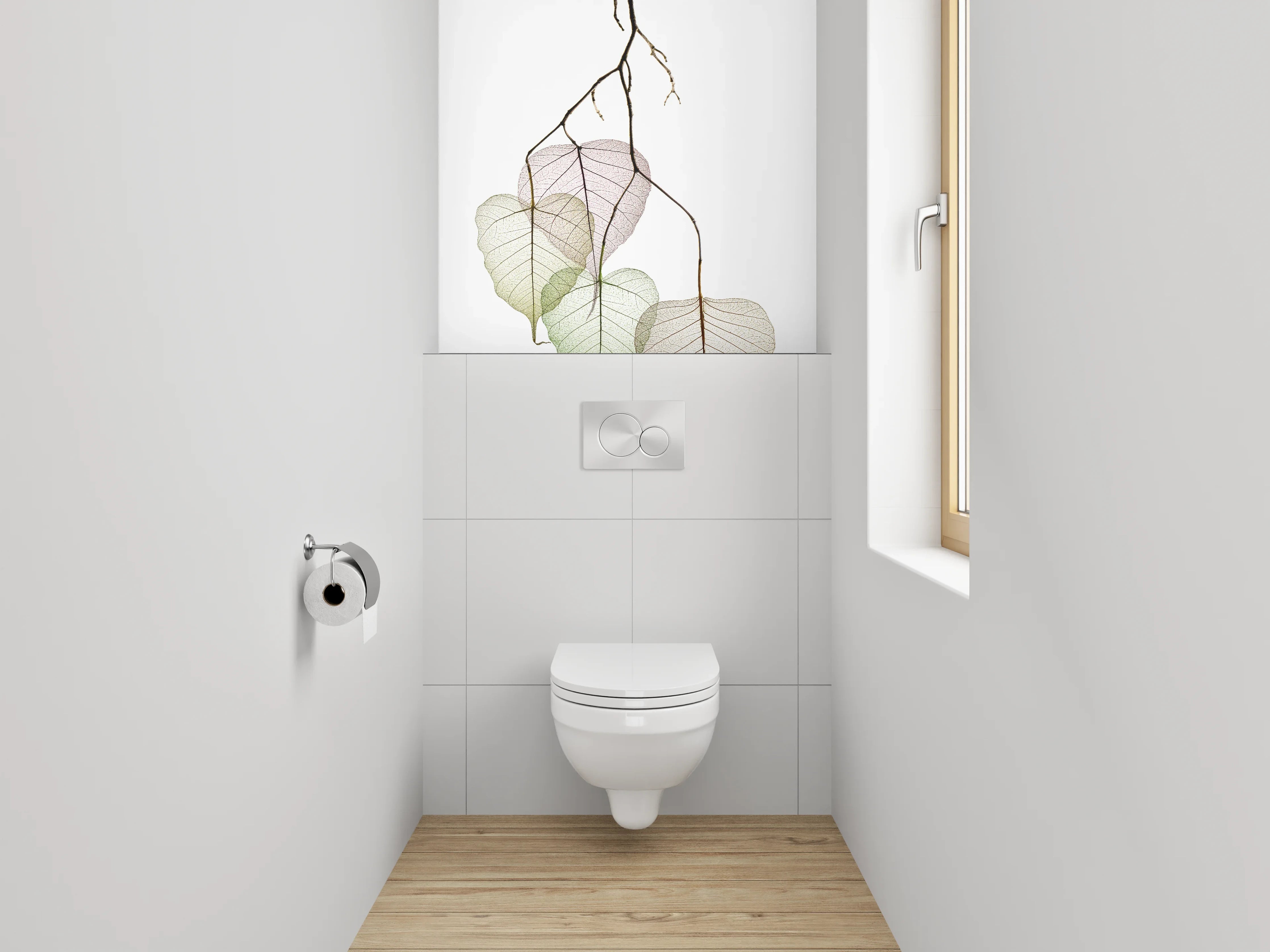 WC-Rückwand - Zarte Blätterzweige auf Weiß