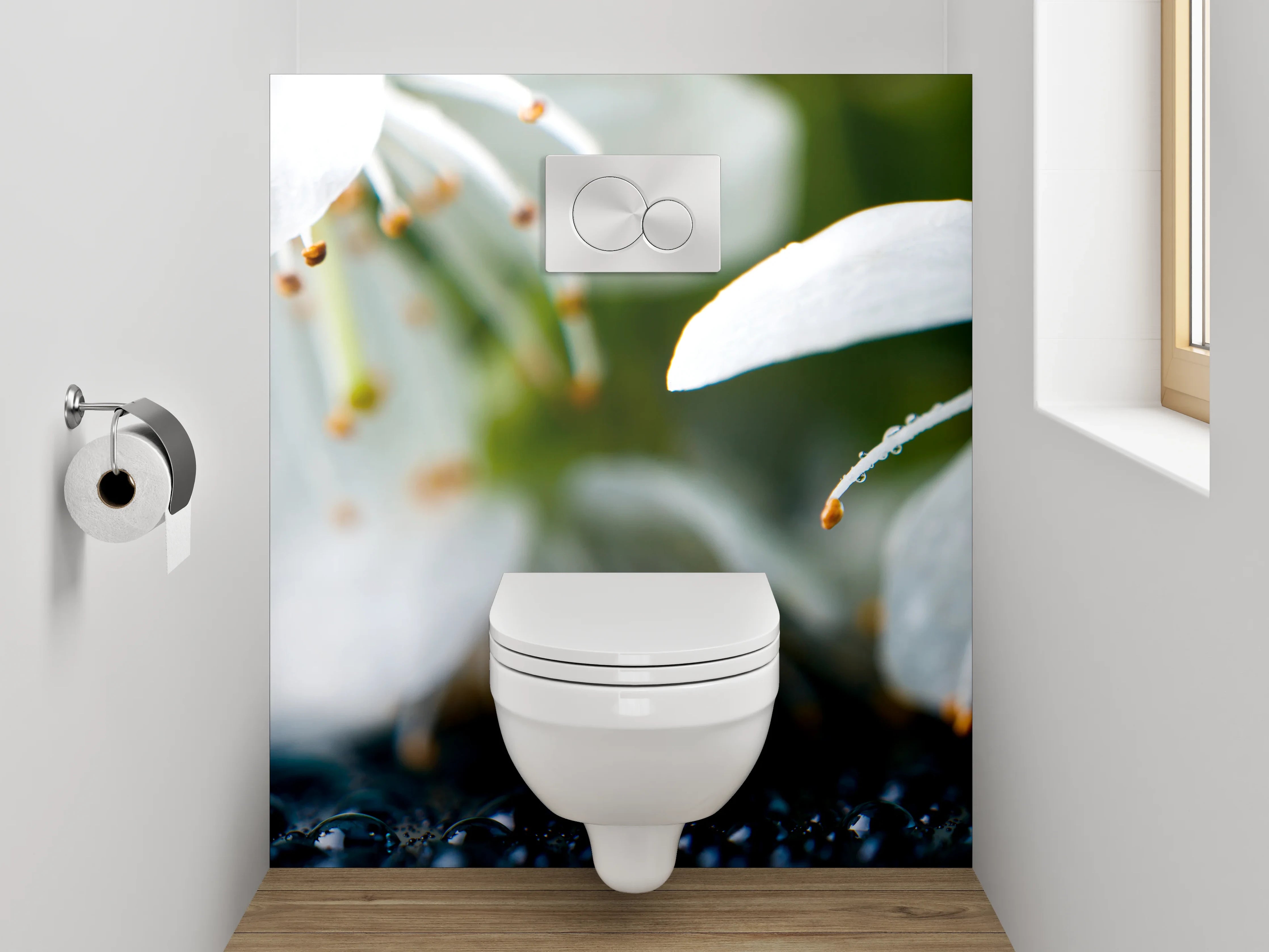 WC-Rückwand - Zarte Blüten auf Tauperlen
