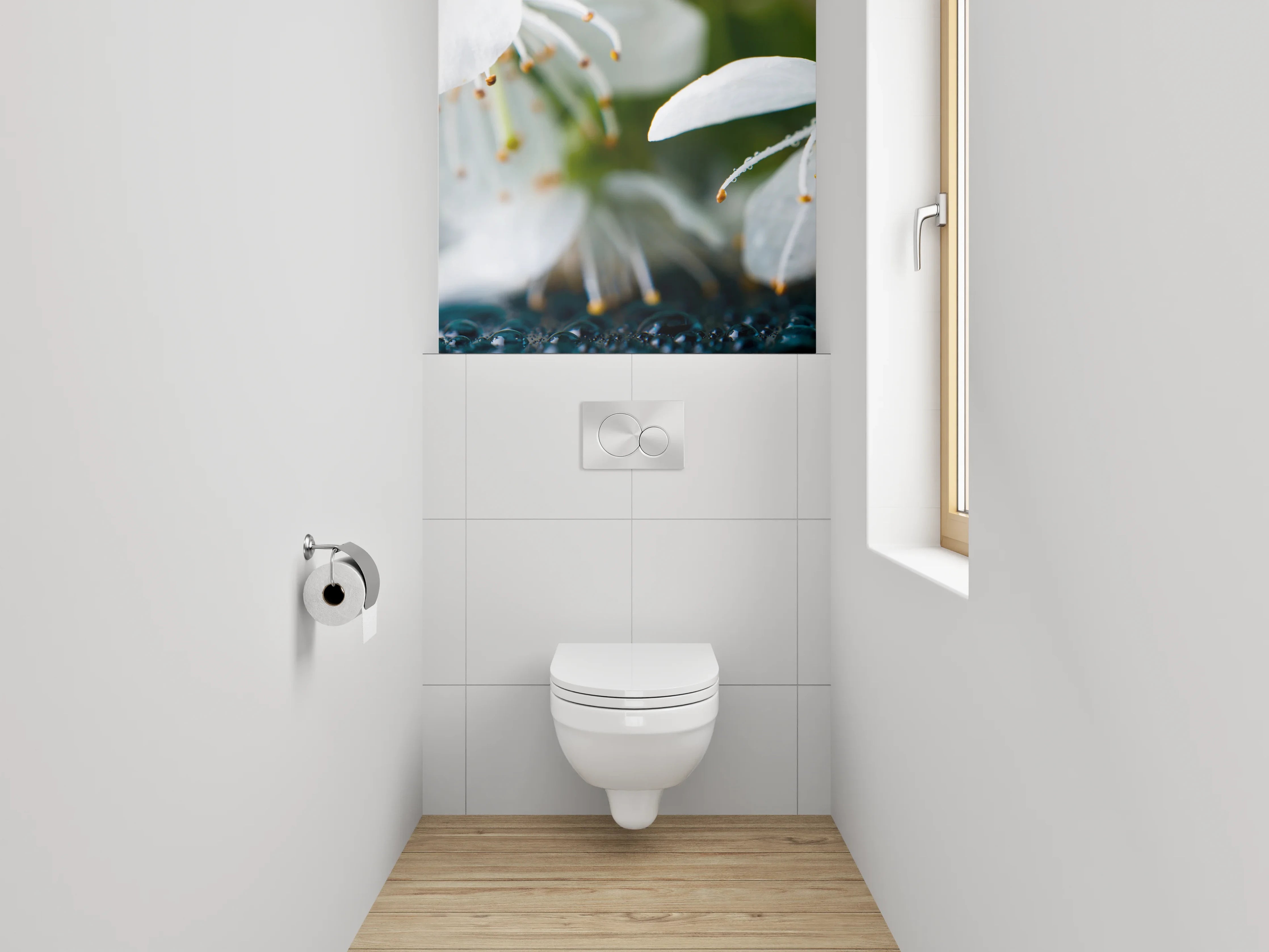 WC-Rückwand - Zarte Blüten auf Tauperlen