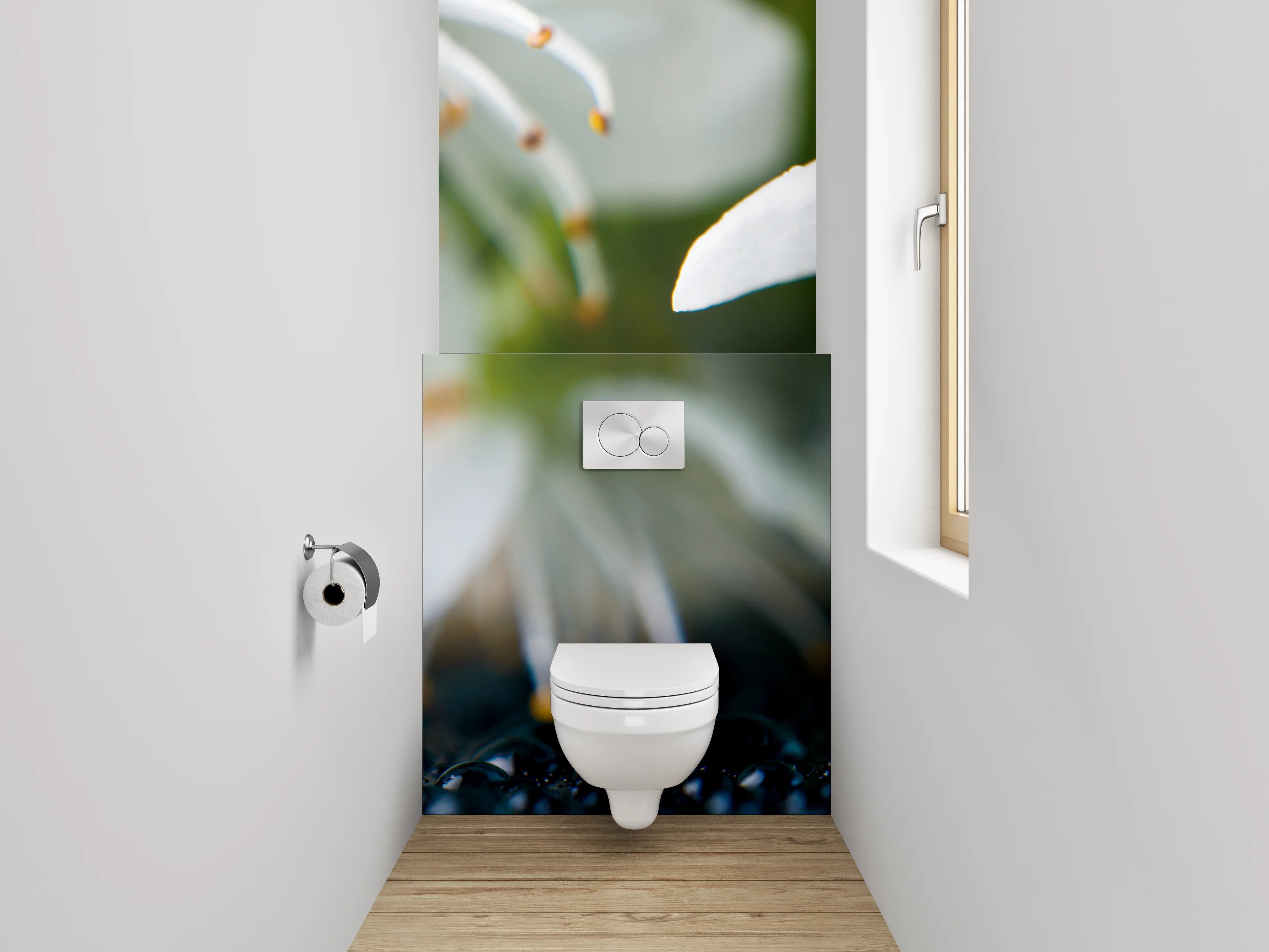 WC-Rückwand - Zarte Blüten auf Tauperlen