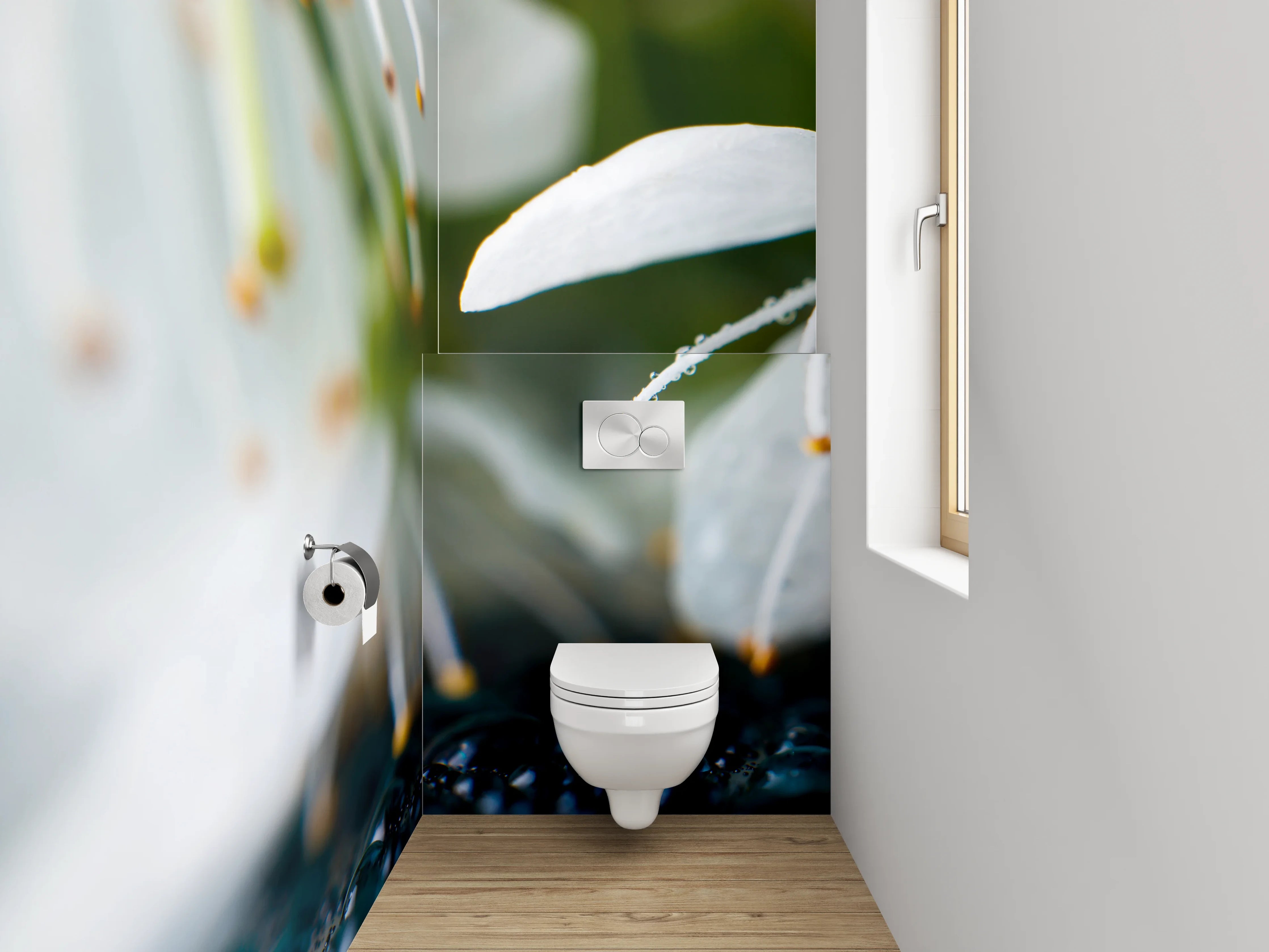 WC-Rückwand - Zarte Blüten auf Tauperlen