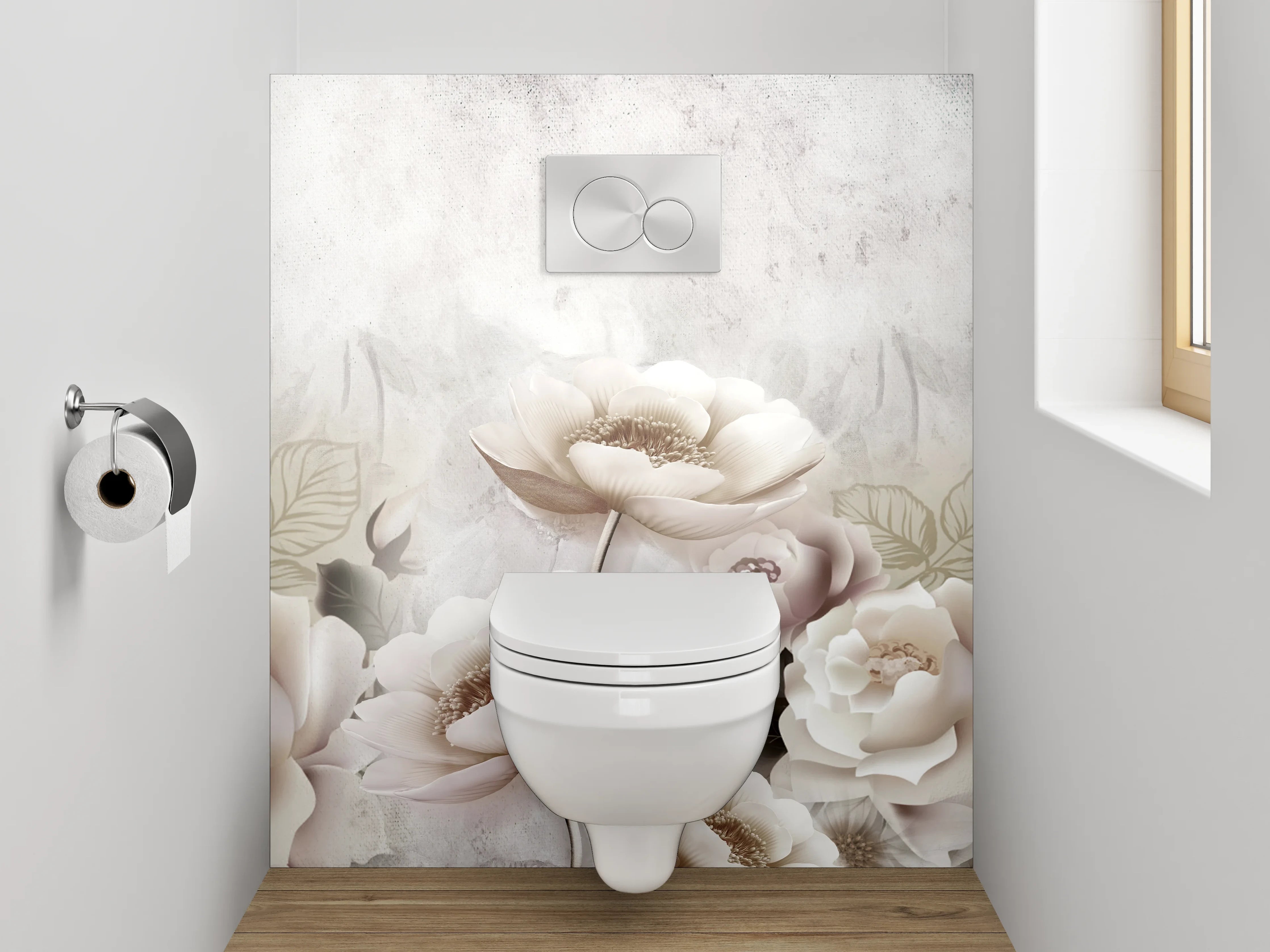 WC-Rückwand - Zarte Blüten in Beige und Weiß