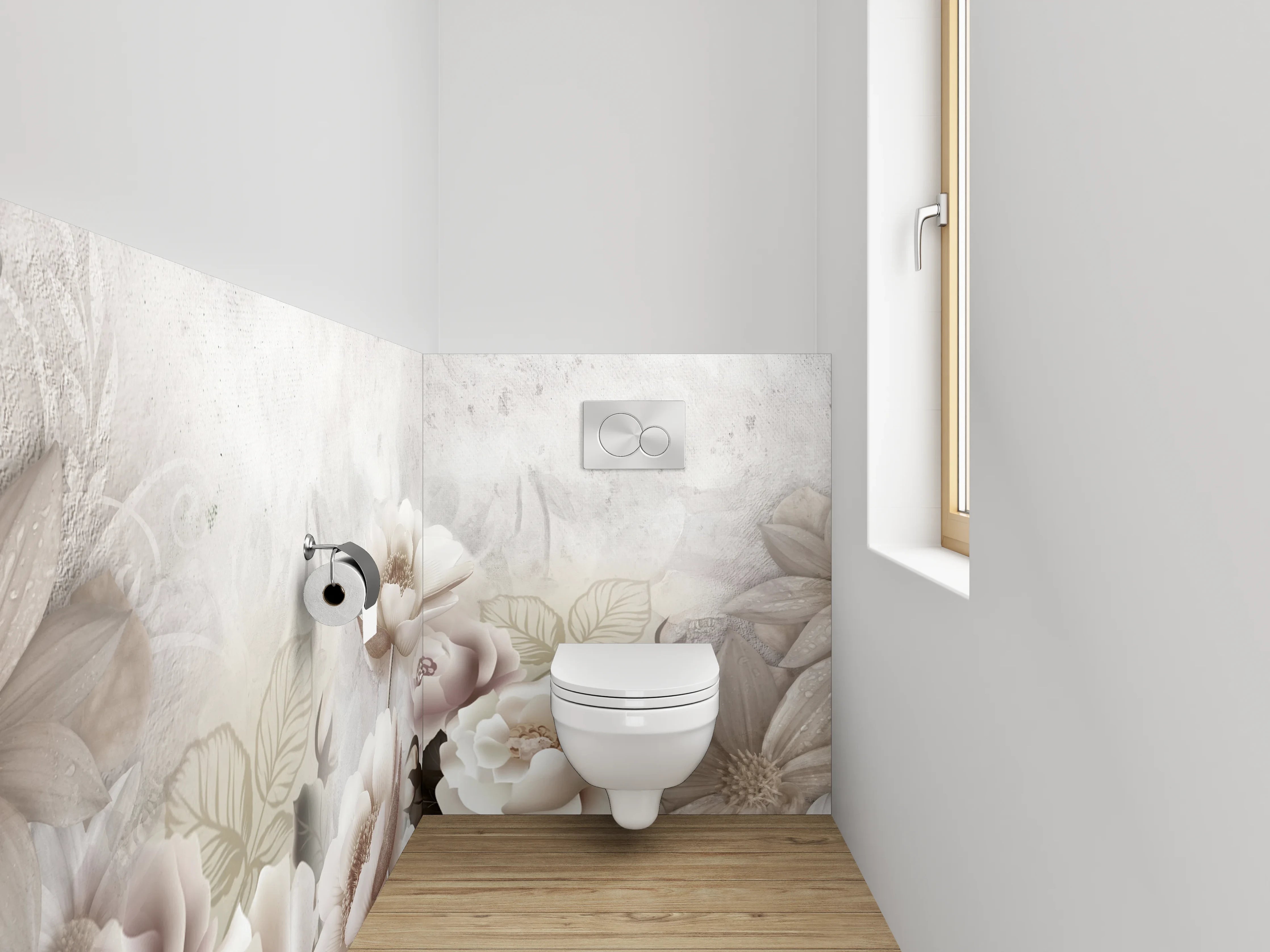 WC-Rückwand - Zarte Blüten in Beige und Weiß