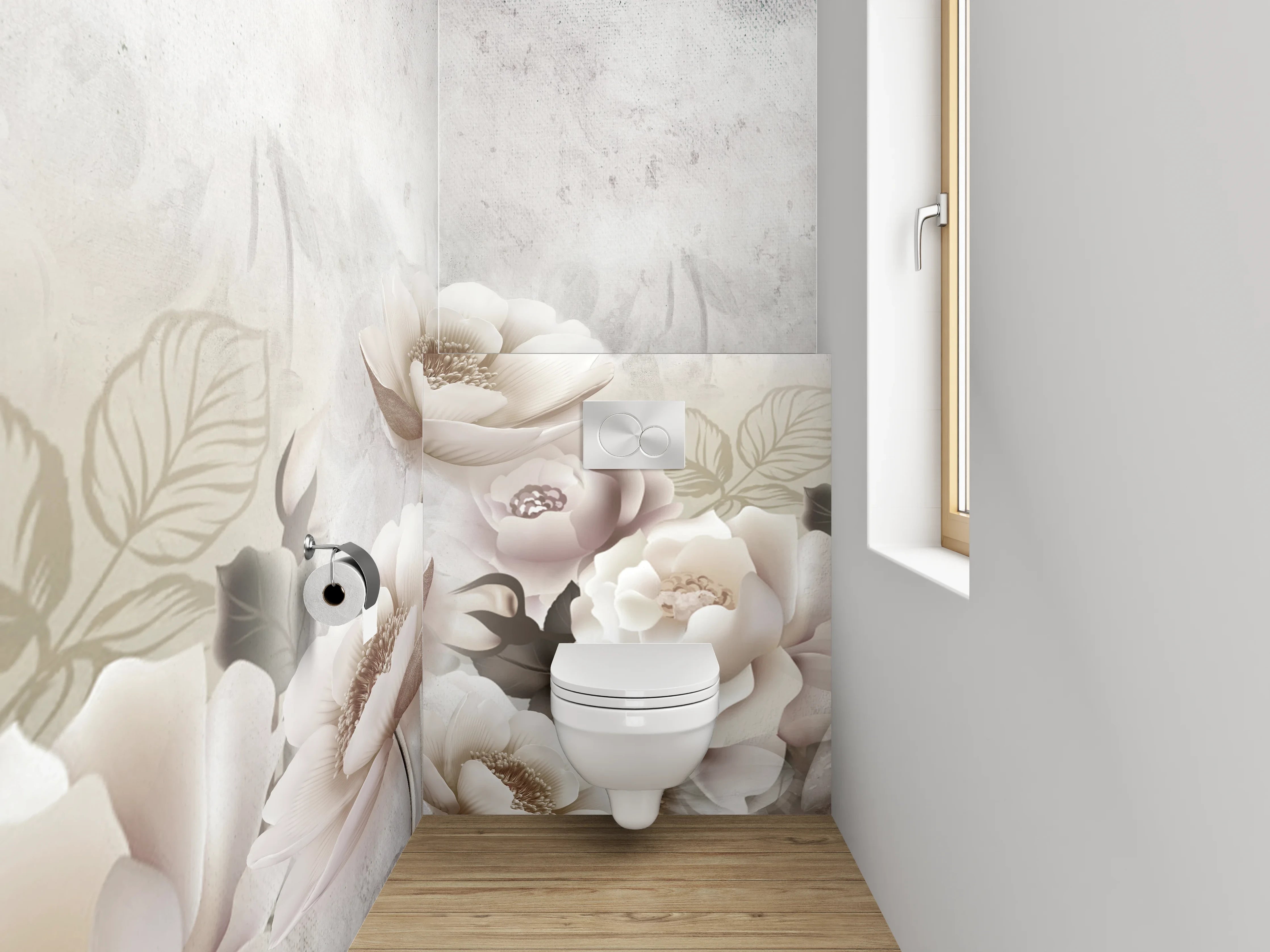 WC-Rückwand - Zarte Blüten in Beige und Weiß