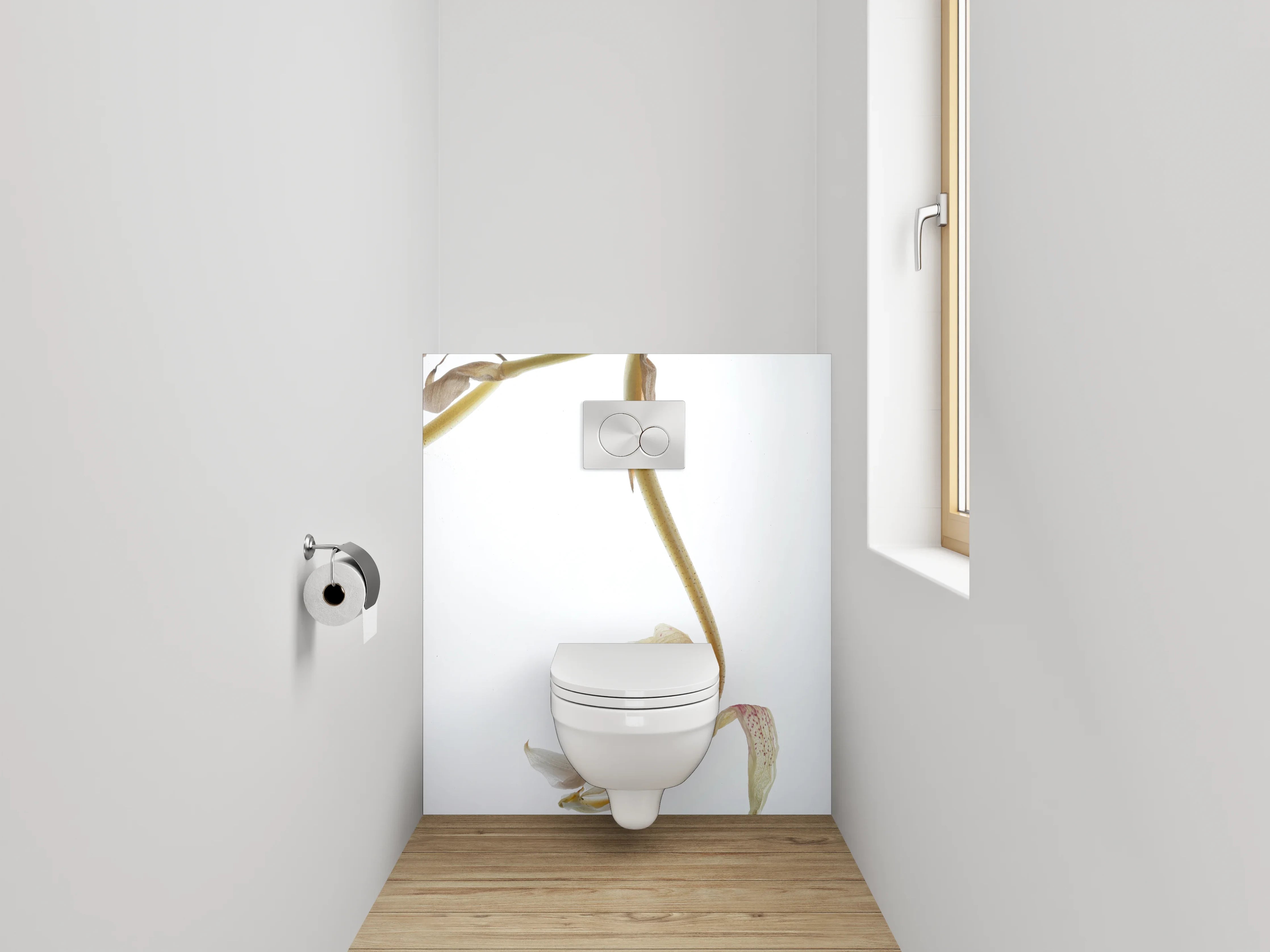 WC-Rückwand - Zarte Blütenkunst auf weißem Grund