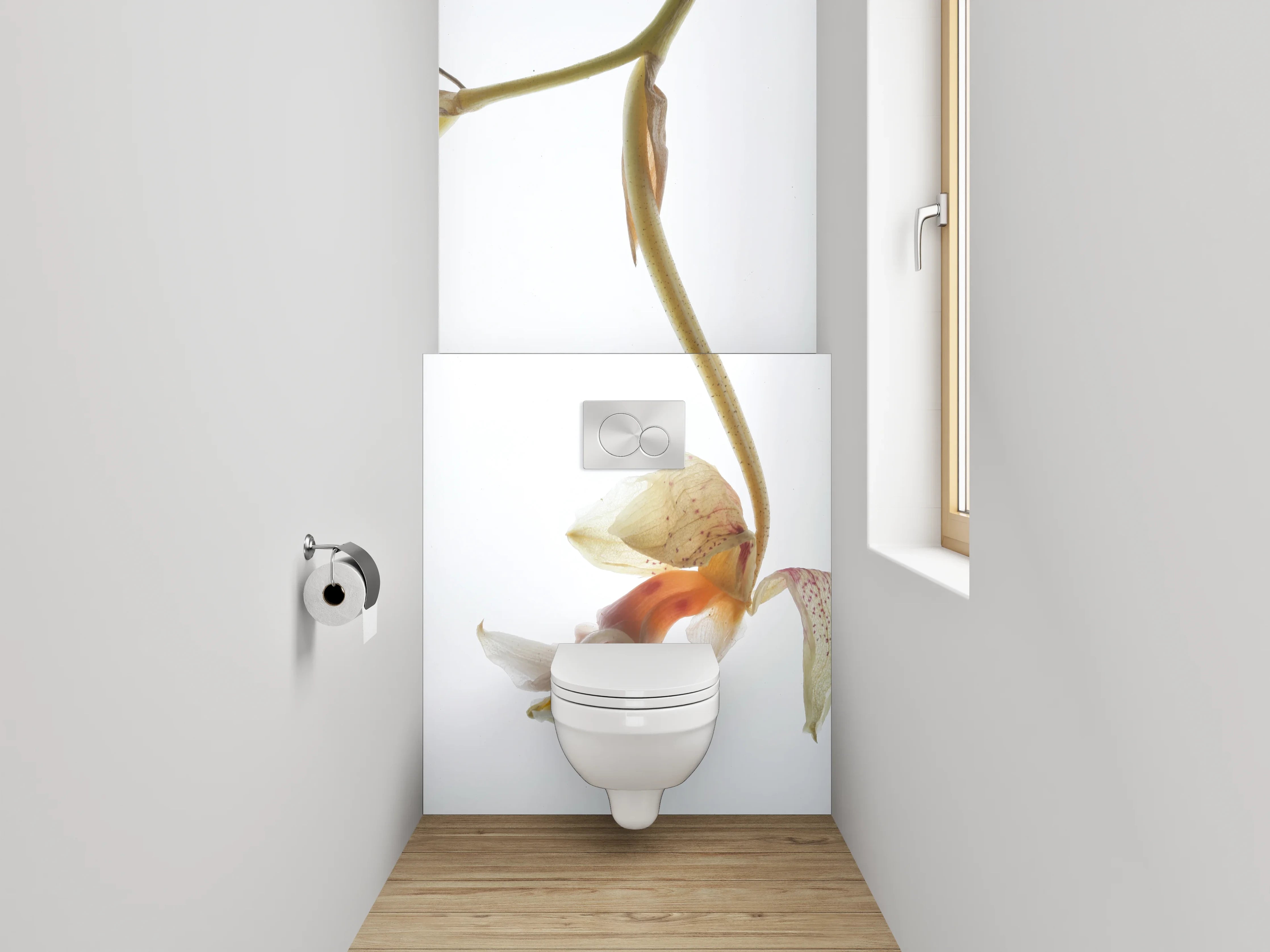 WC-Rückwand - Zarte Blütenkunst auf weißem Grund