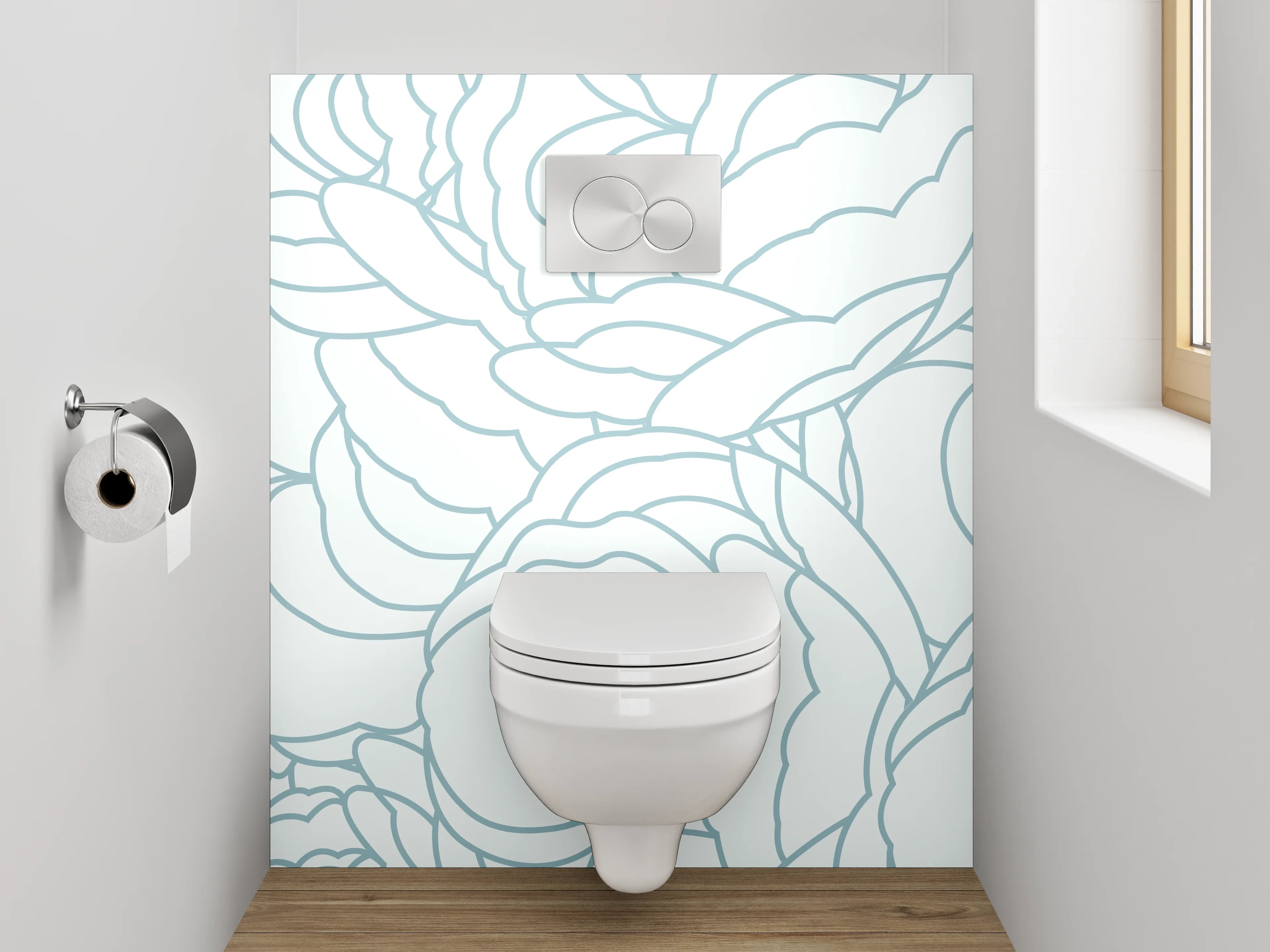 WC-Rückwand - Zarte Blumen-Lineart auf Weiß