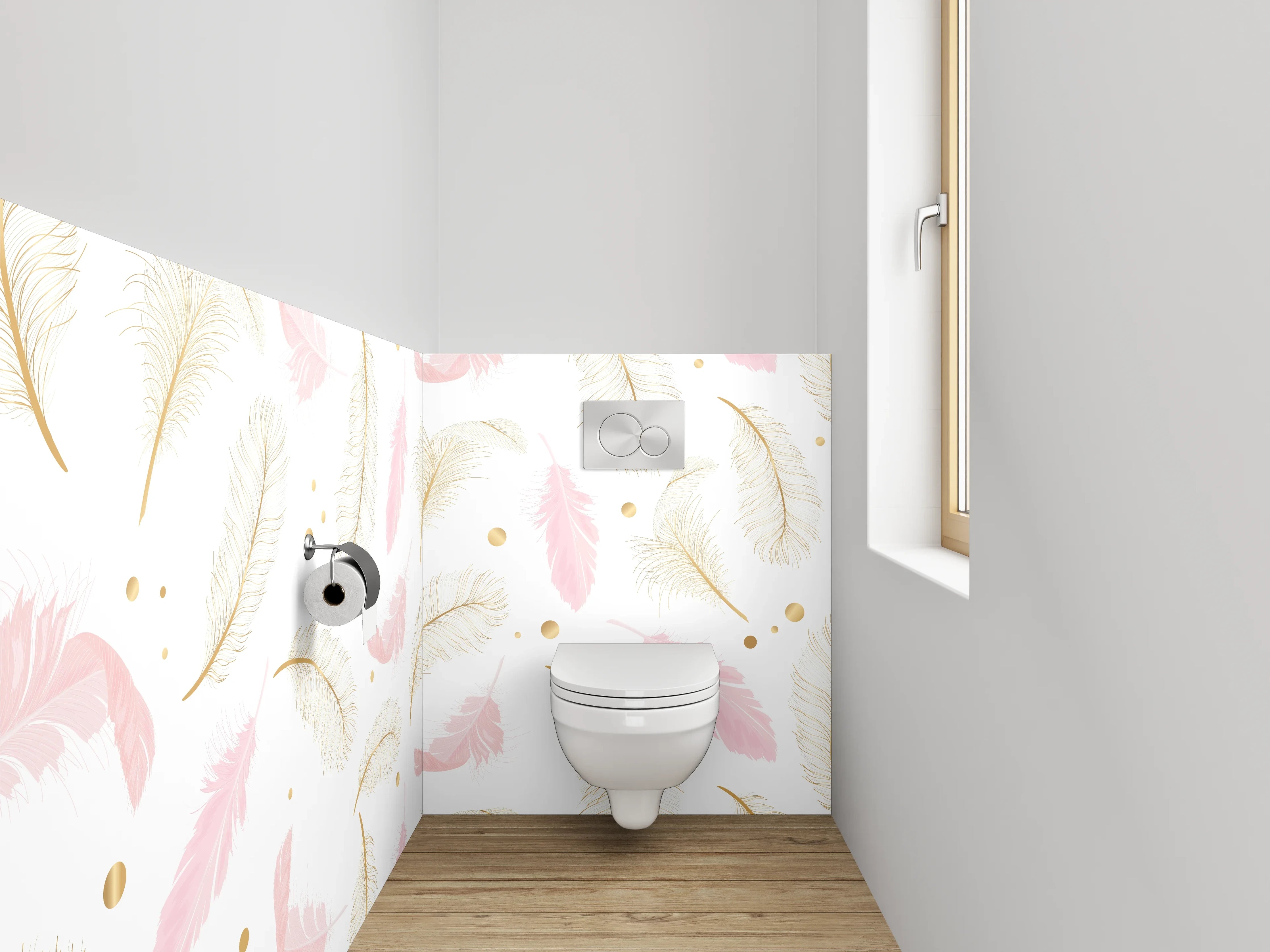 WC-Rückwand - Zarte Feder-Optik auf Weiß-Pink