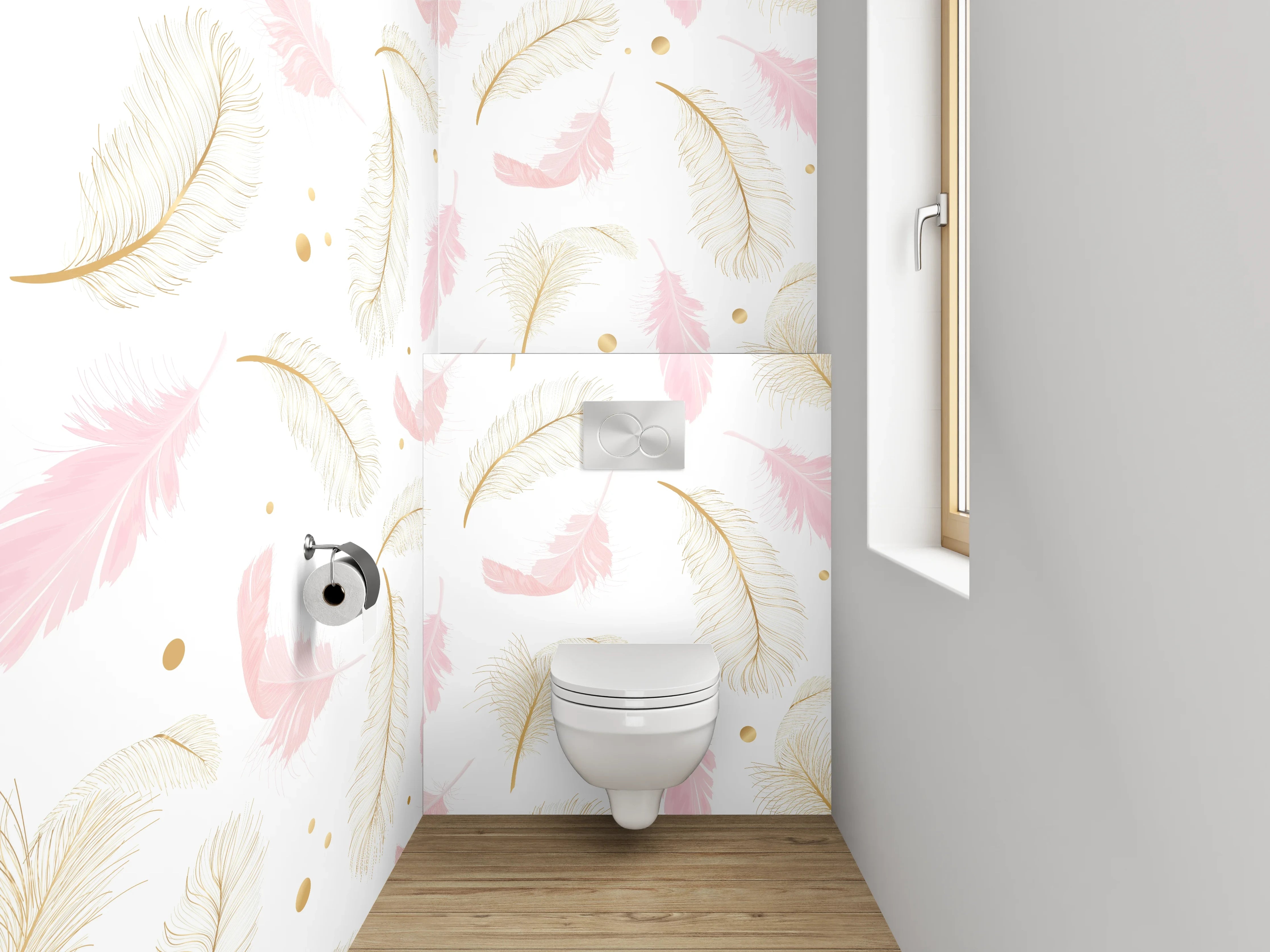 WC-Rückwand - Zarte Feder-Optik auf Weiß-Pink