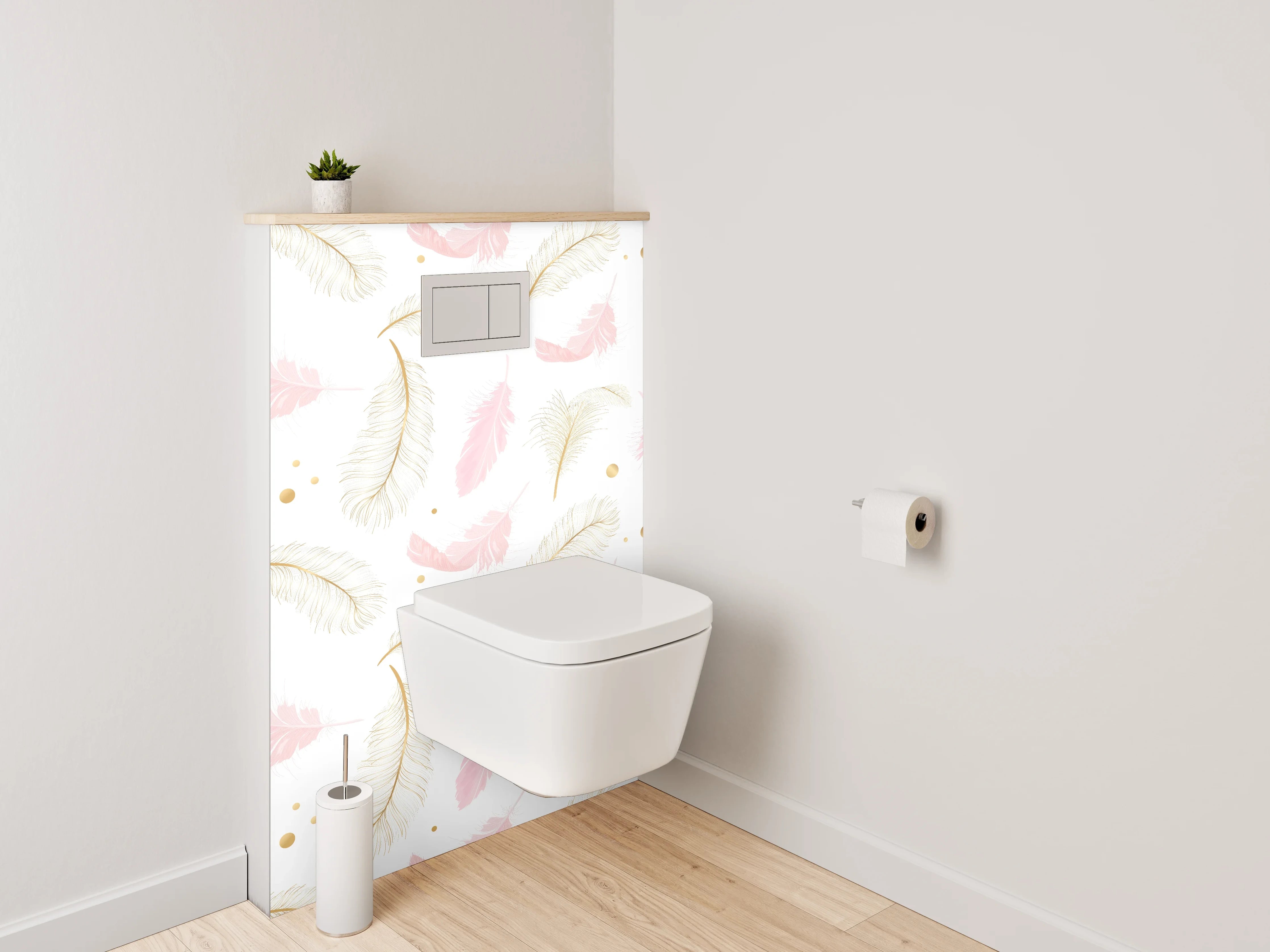 WC-Rückwand - Zarte Feder-Optik auf Weiß-Pink