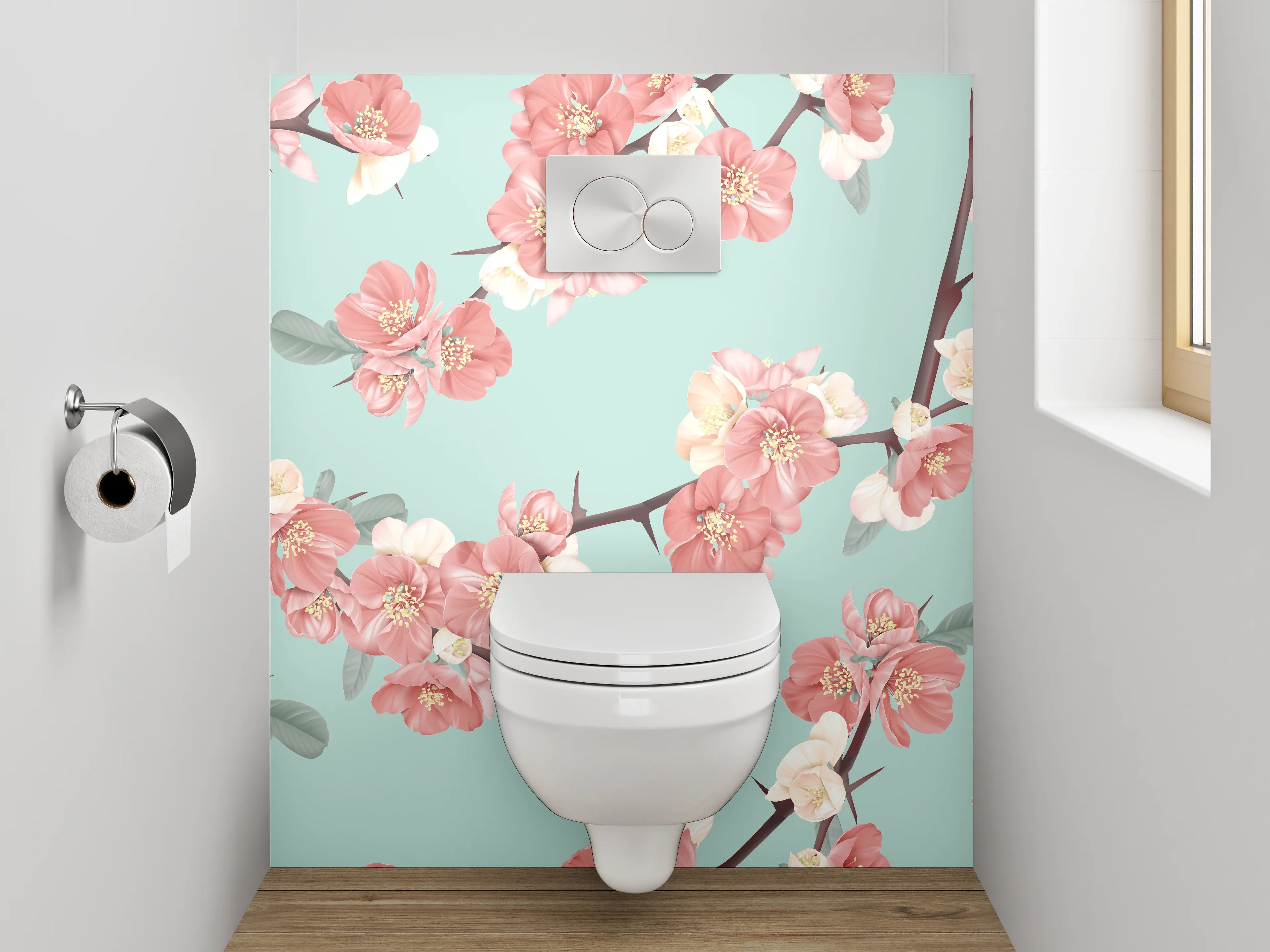 WC-Rückwand - Zarte Kirschblüten Zweige Pastellgrün