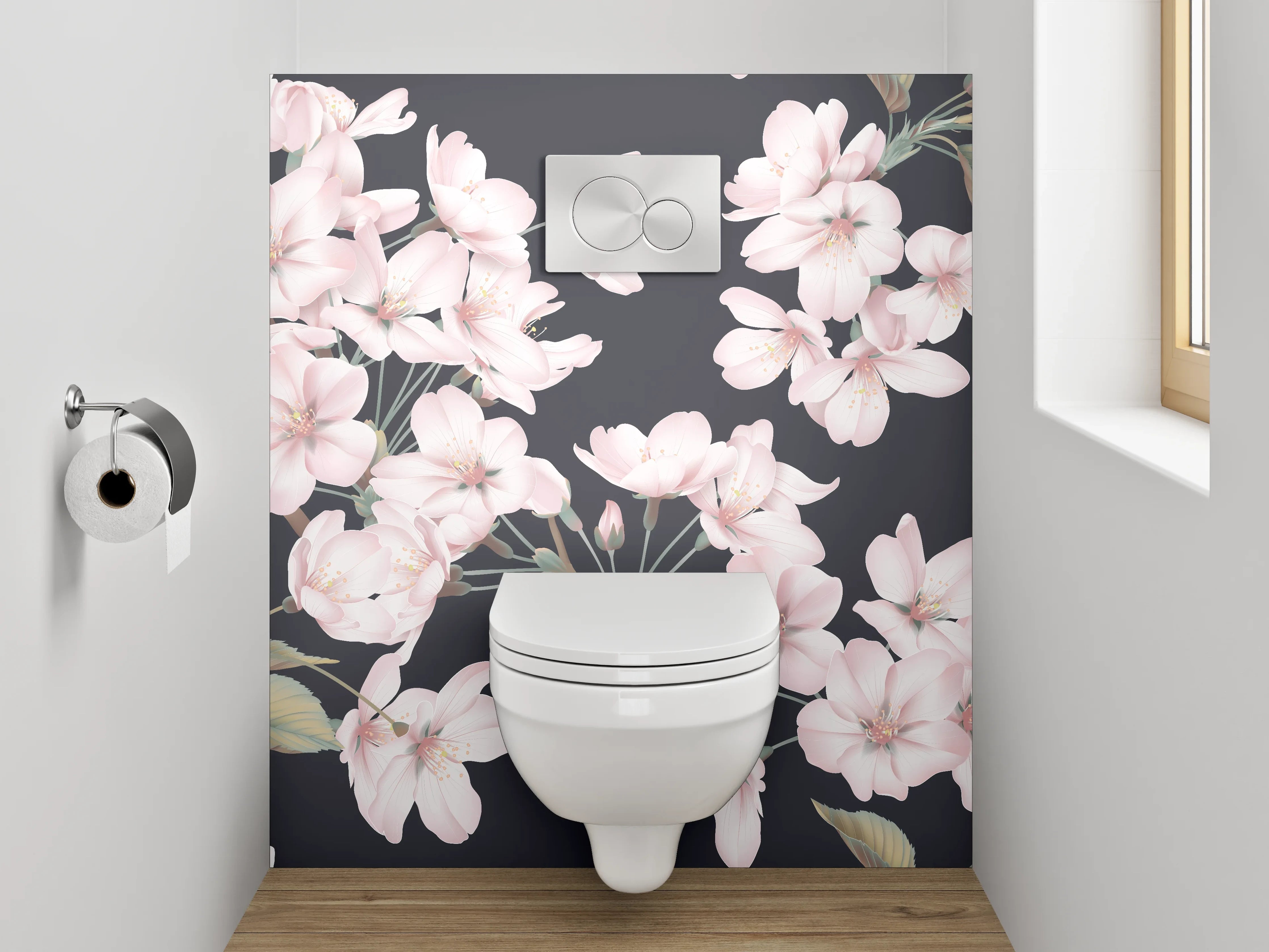 WC-Rückwand - Zarte Kirschblüten auf dunklem Grund