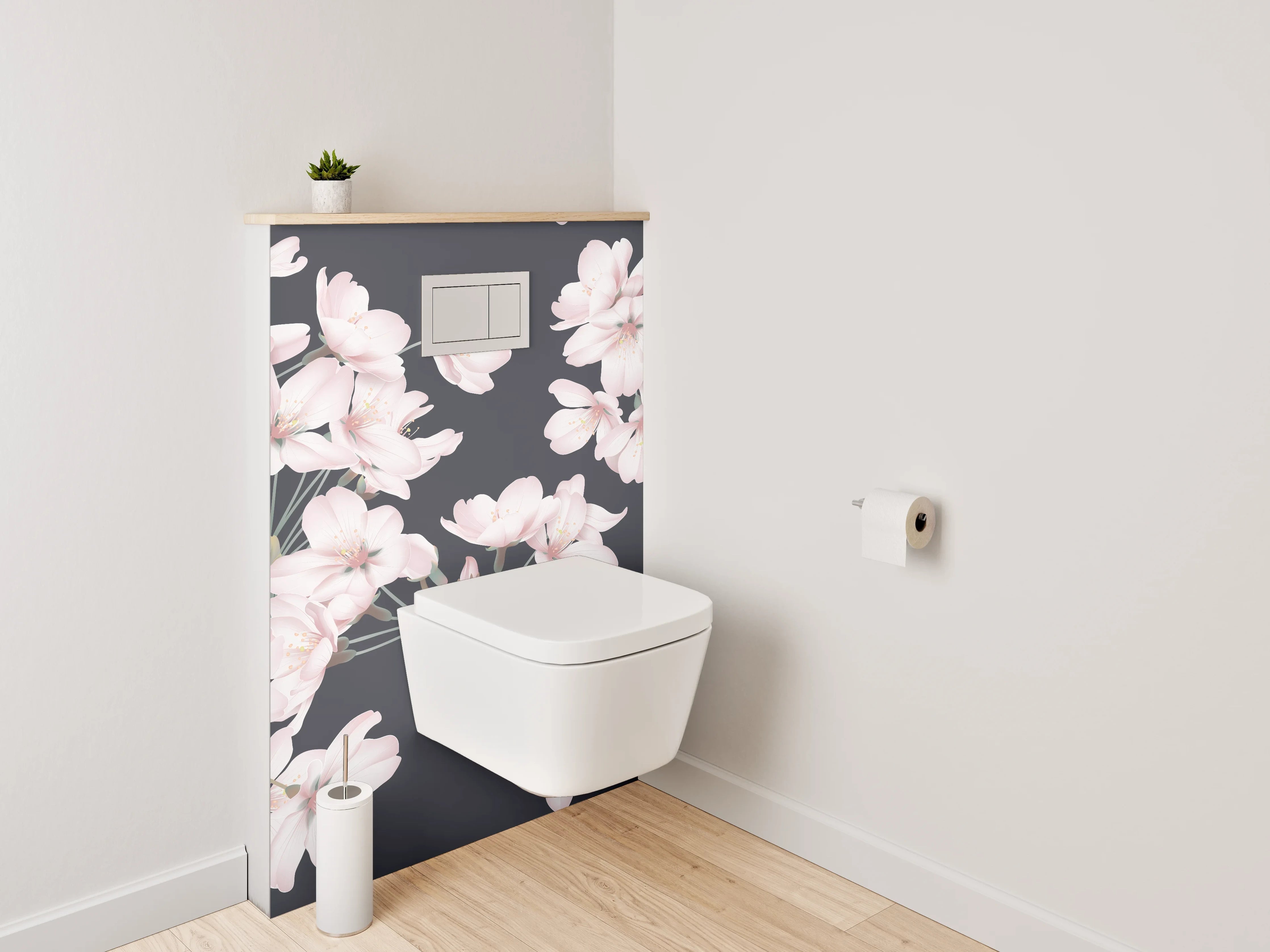 WC-Rückwand - Zarte Kirschblüten auf dunklem Grund