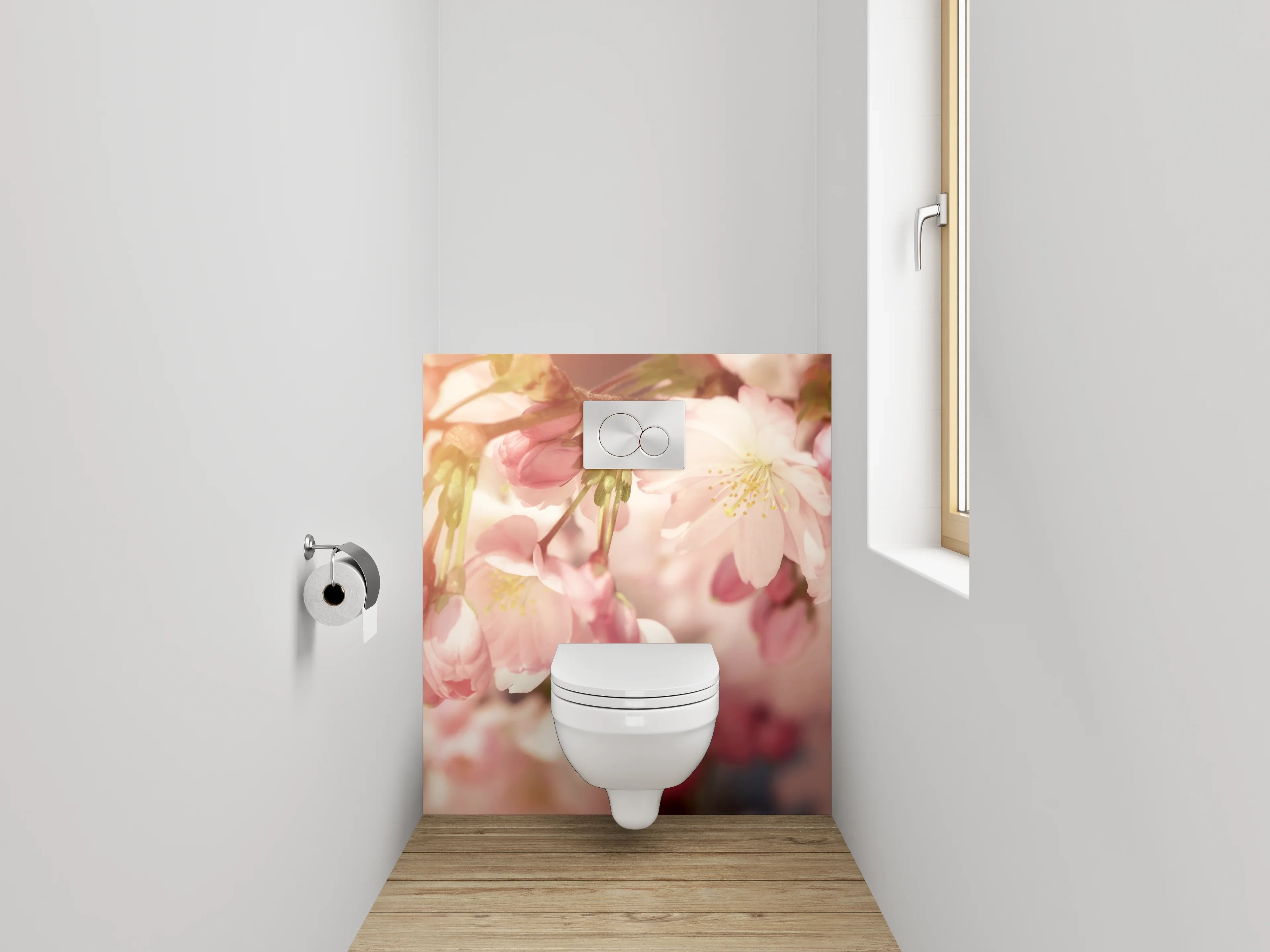 WC-Rückwand - Zarte Kirschblüten bei Sonnenaufgang