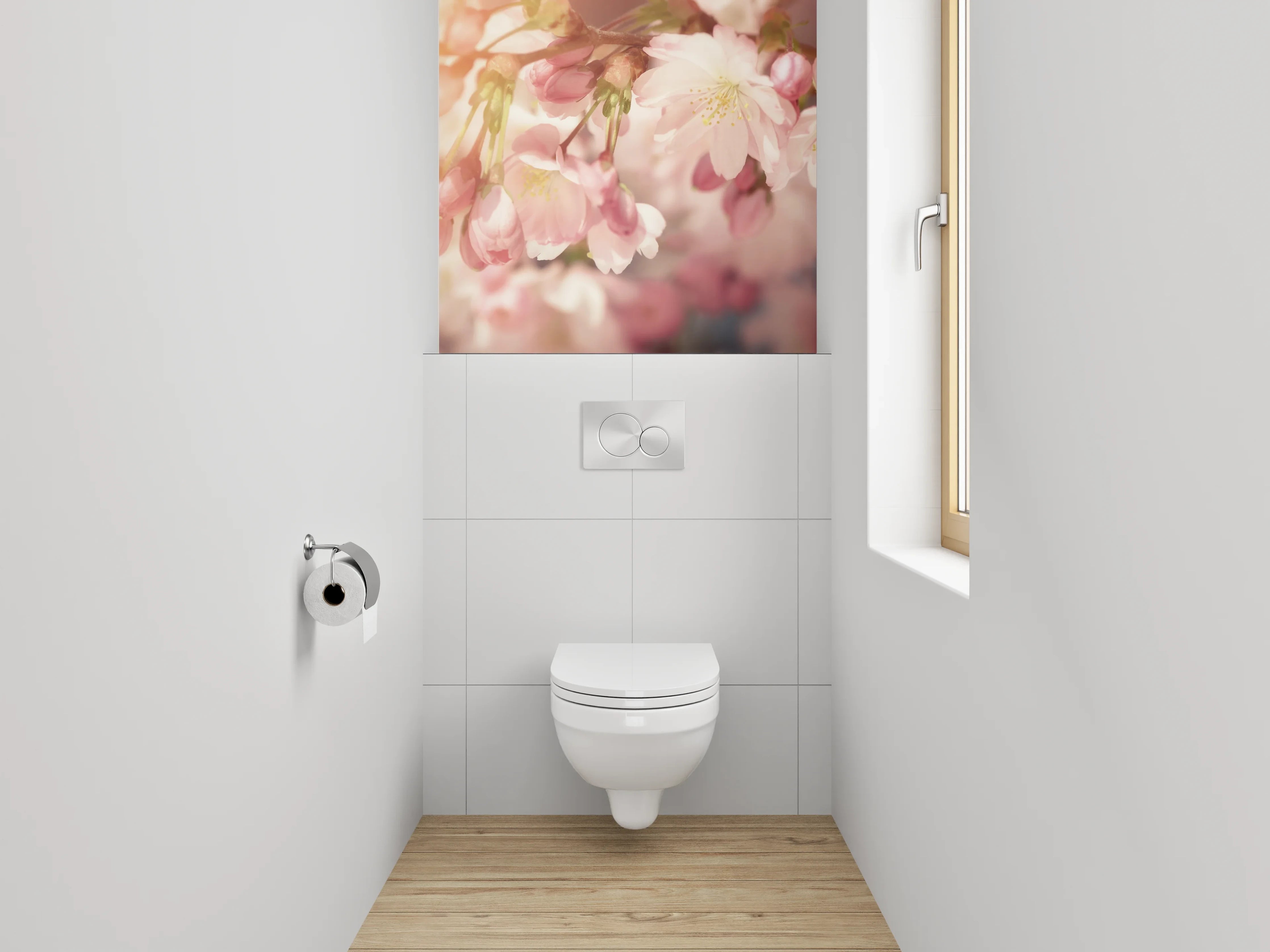 WC-Rückwand - Zarte Kirschblüten bei Sonnenaufgang