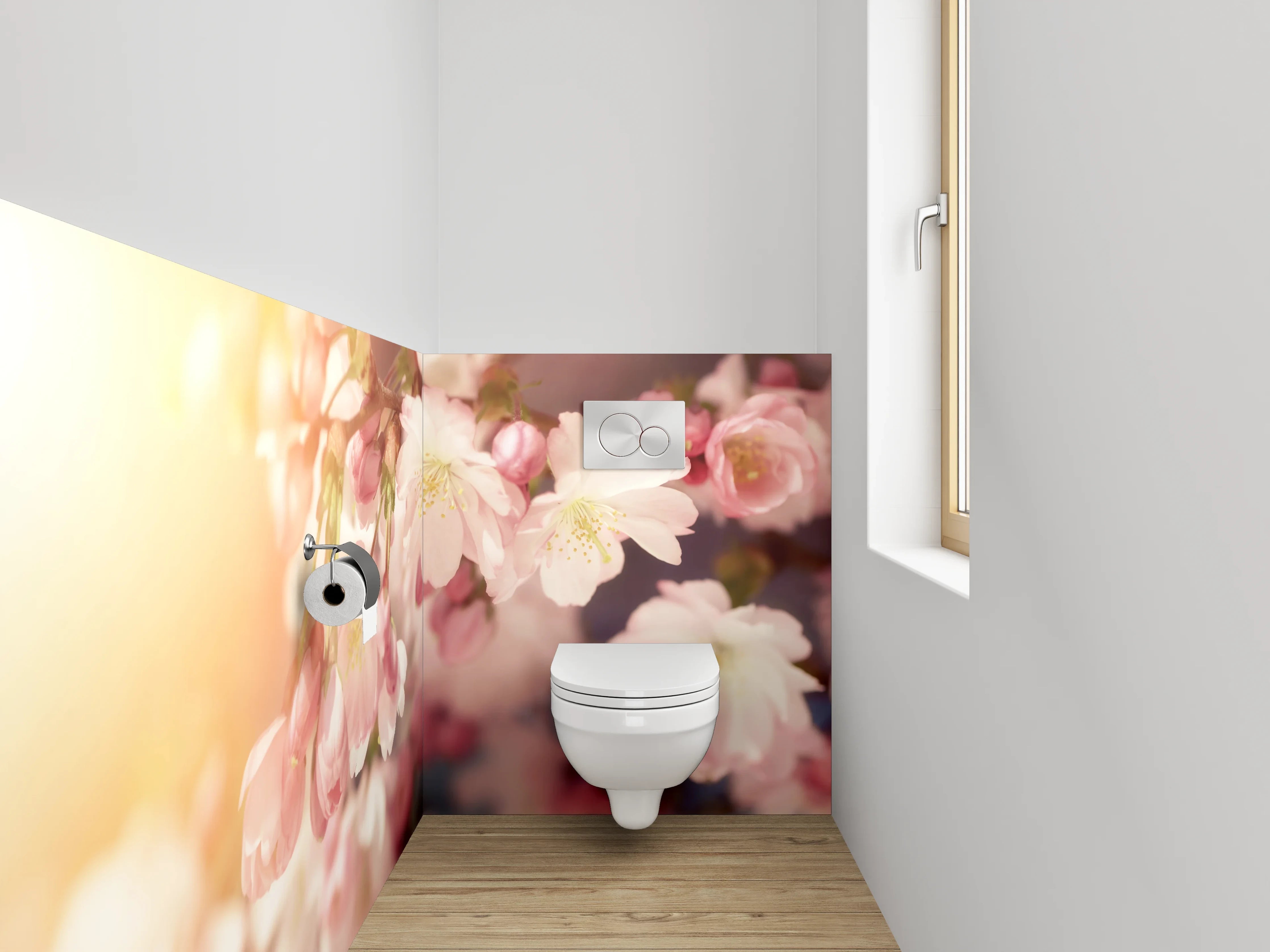 WC-Rückwand - Zarte Kirschblüten bei Sonnenaufgang