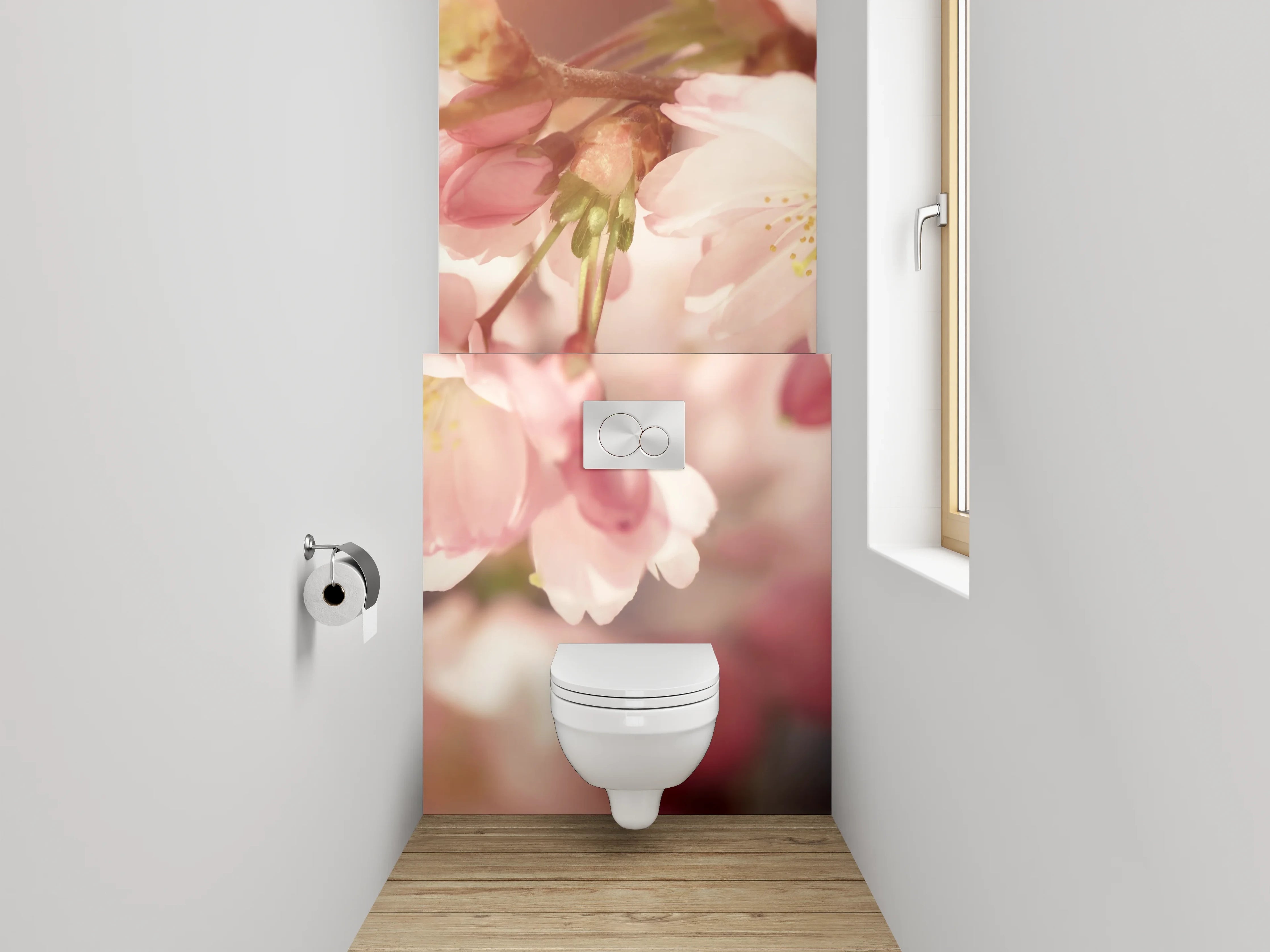 WC-Rückwand - Zarte Kirschblüten bei Sonnenaufgang