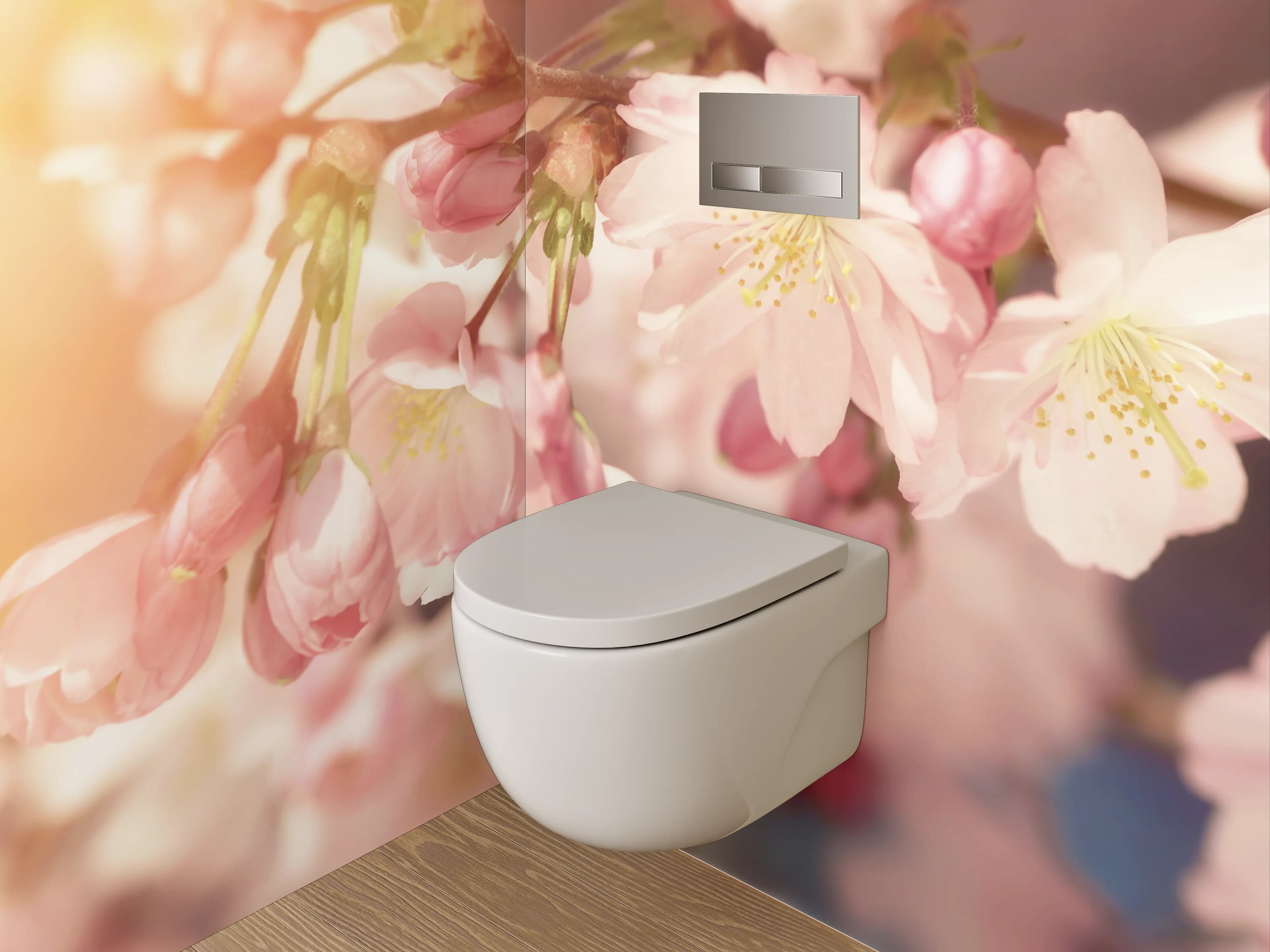 WC-Rückwand - Zarte Kirschblüten bei Sonnenaufgang