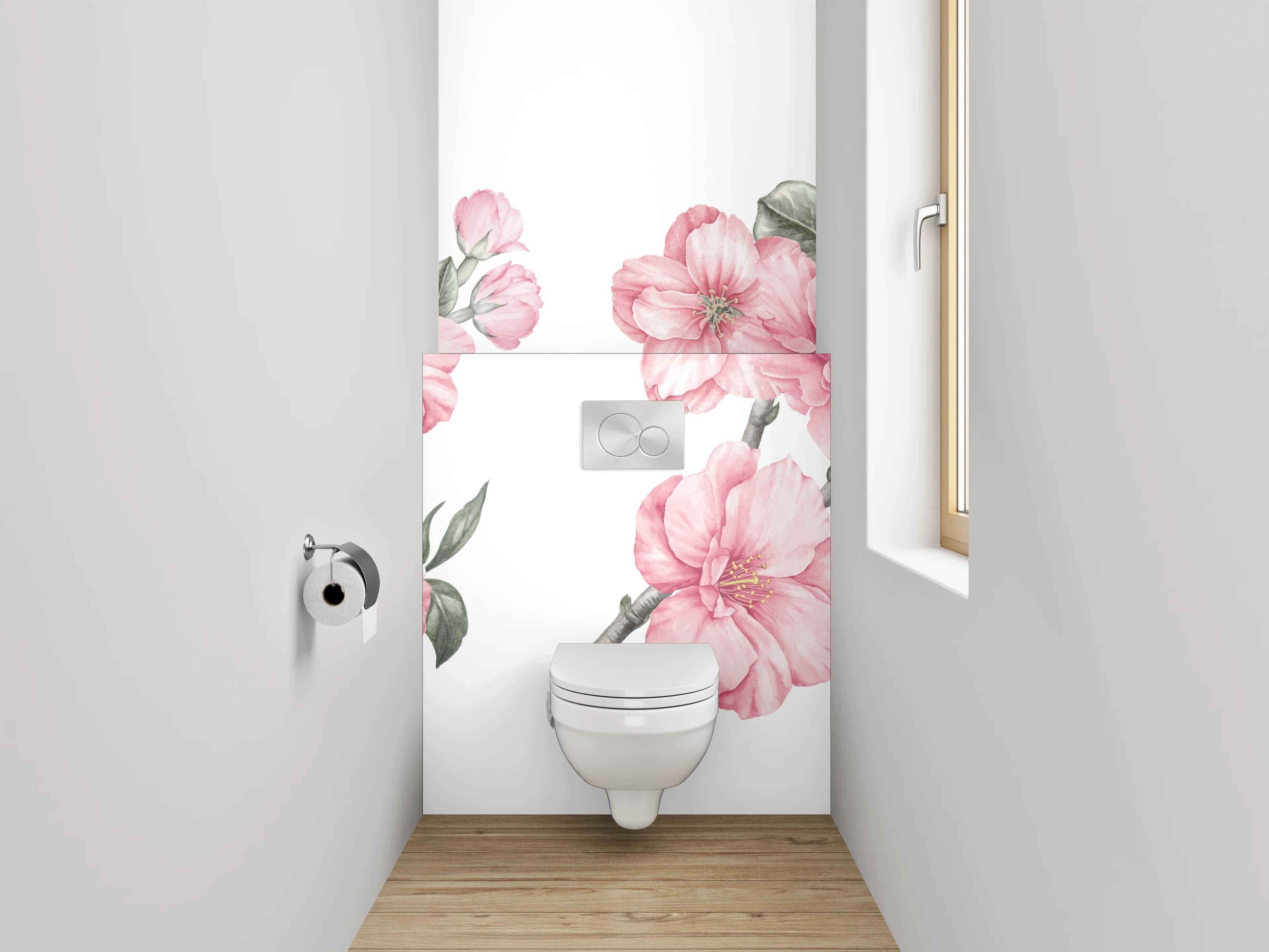 WC-Rückwand - Zarte Kirschblüten in Rosé und Grau