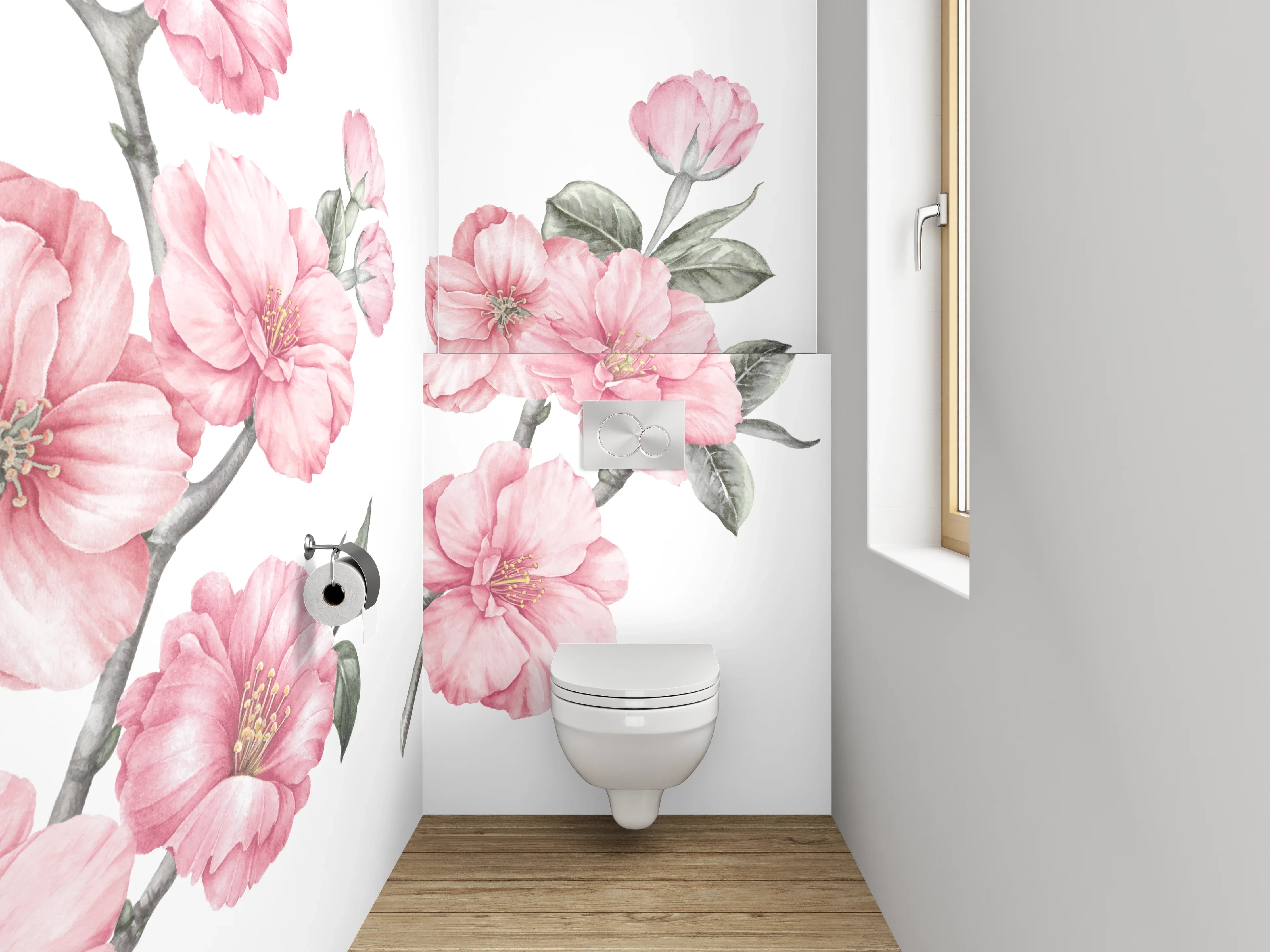 WC-Rückwand - Zarte Kirschblüten in Rosé und Grau