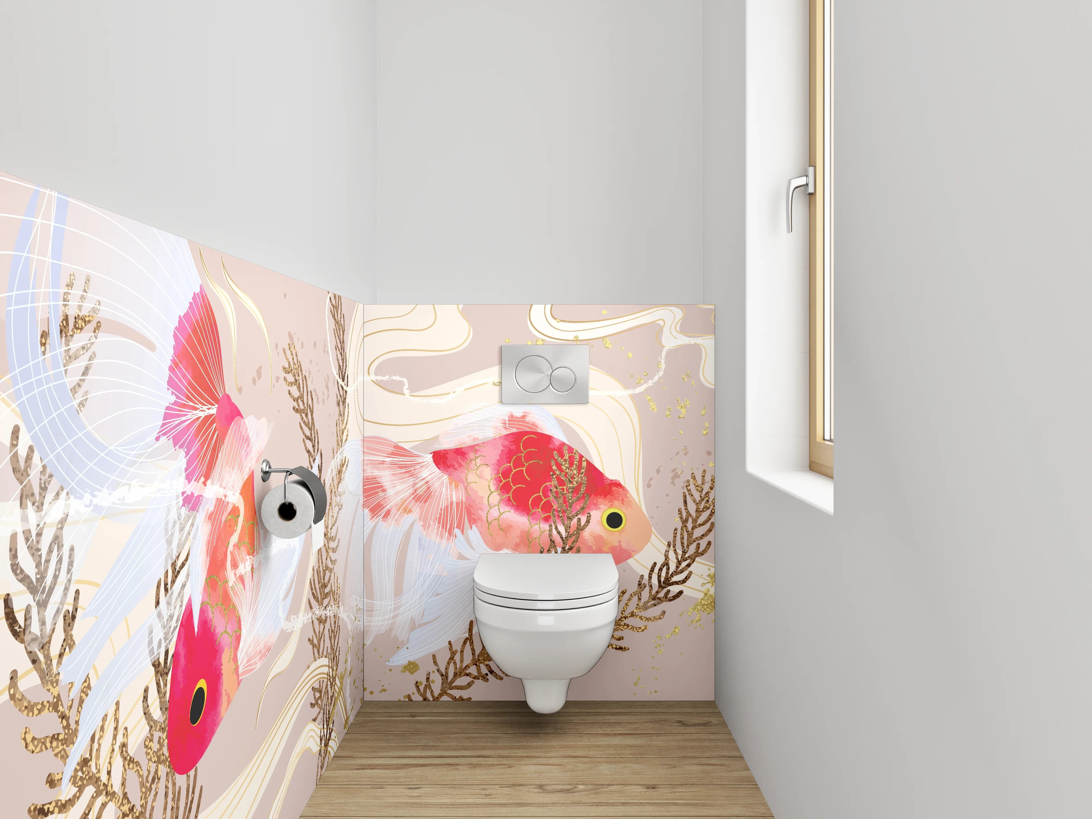 WC-Rückwand - Zarte Koi-Illustration mit Wasserpflanzen