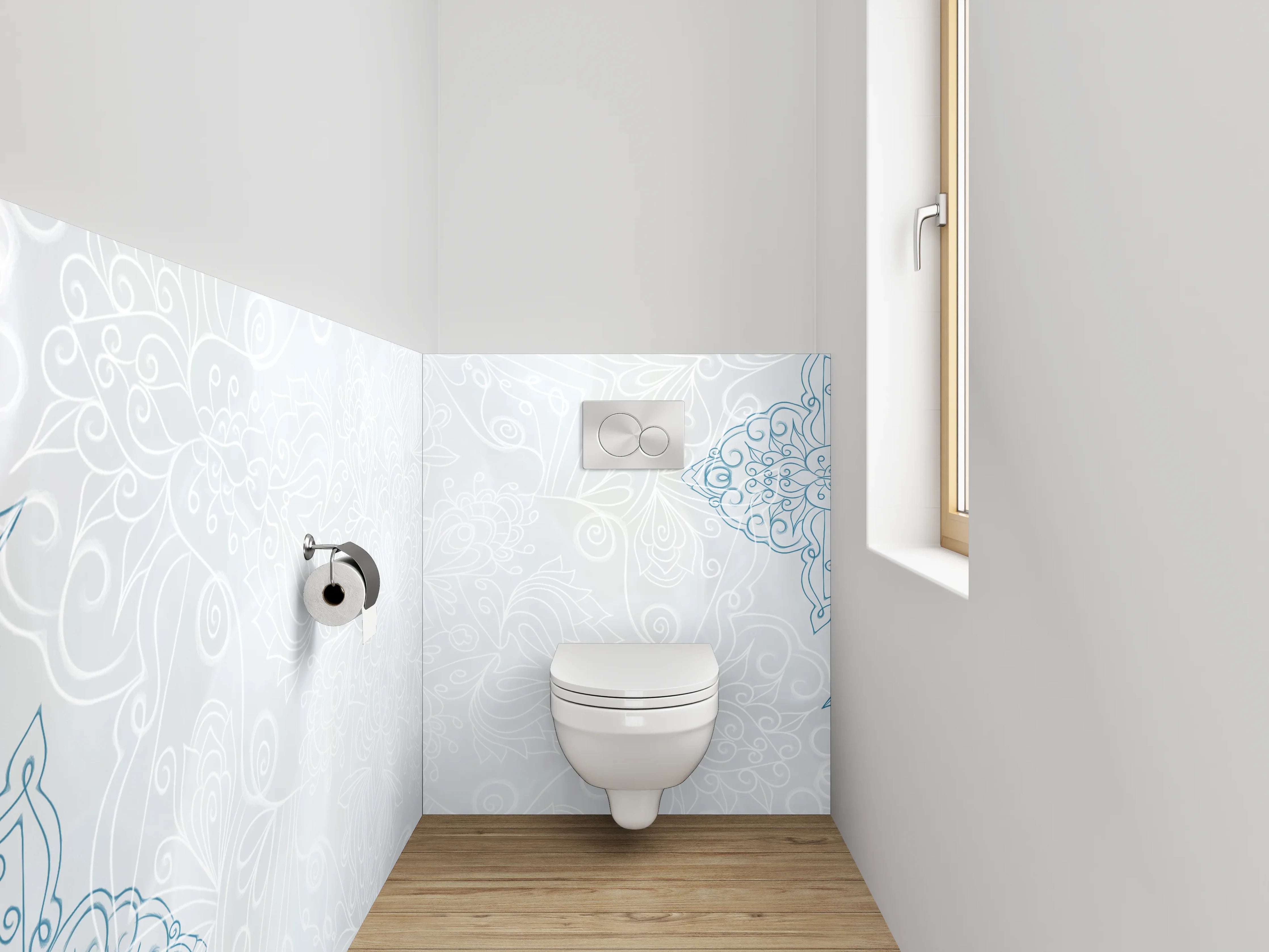 WC-Rückwand - Zarte Mandala-Lineart auf Marmor-Optik