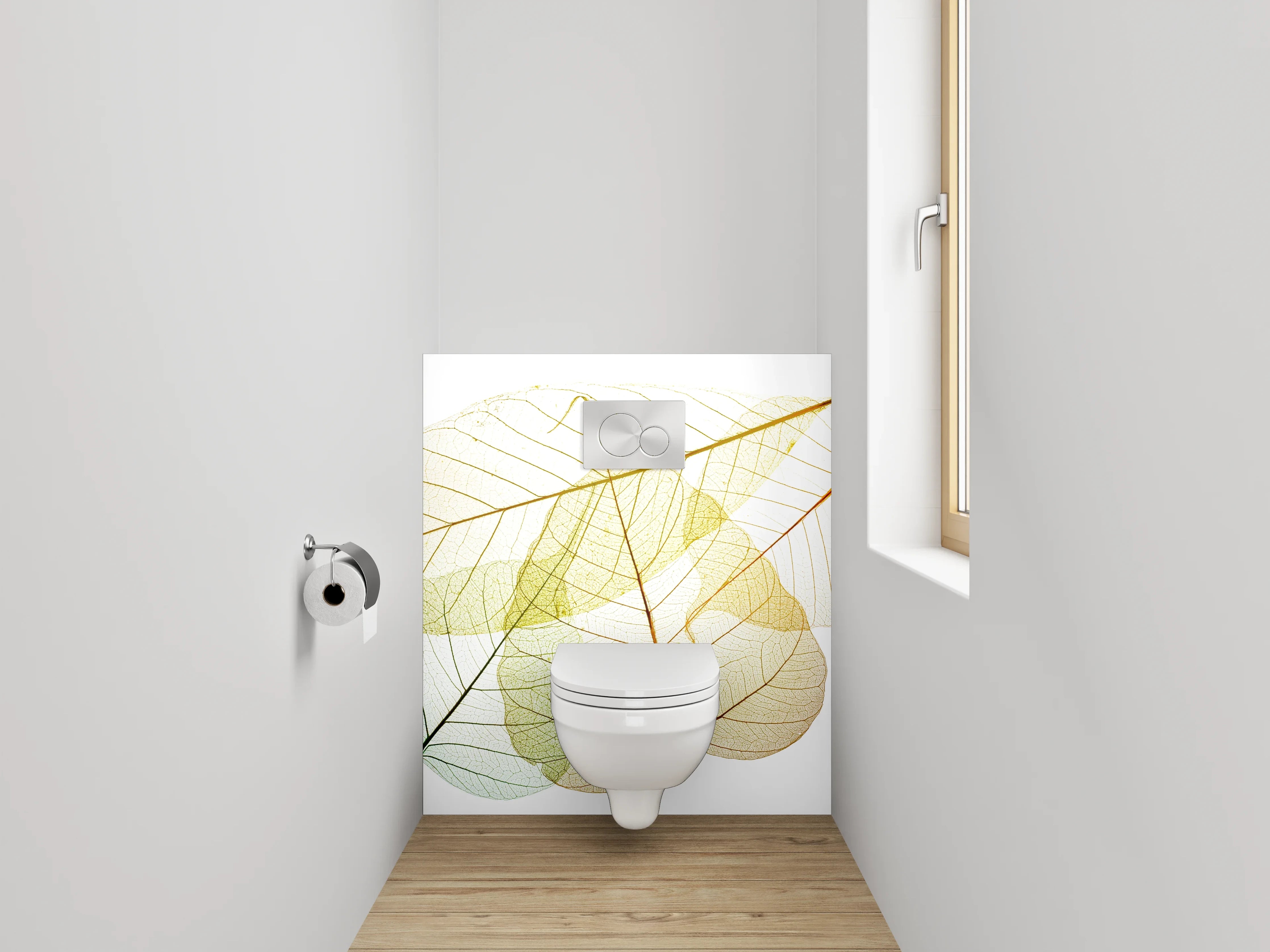 WC-Rückwand - Zarte Skelettblätter auf Weiß