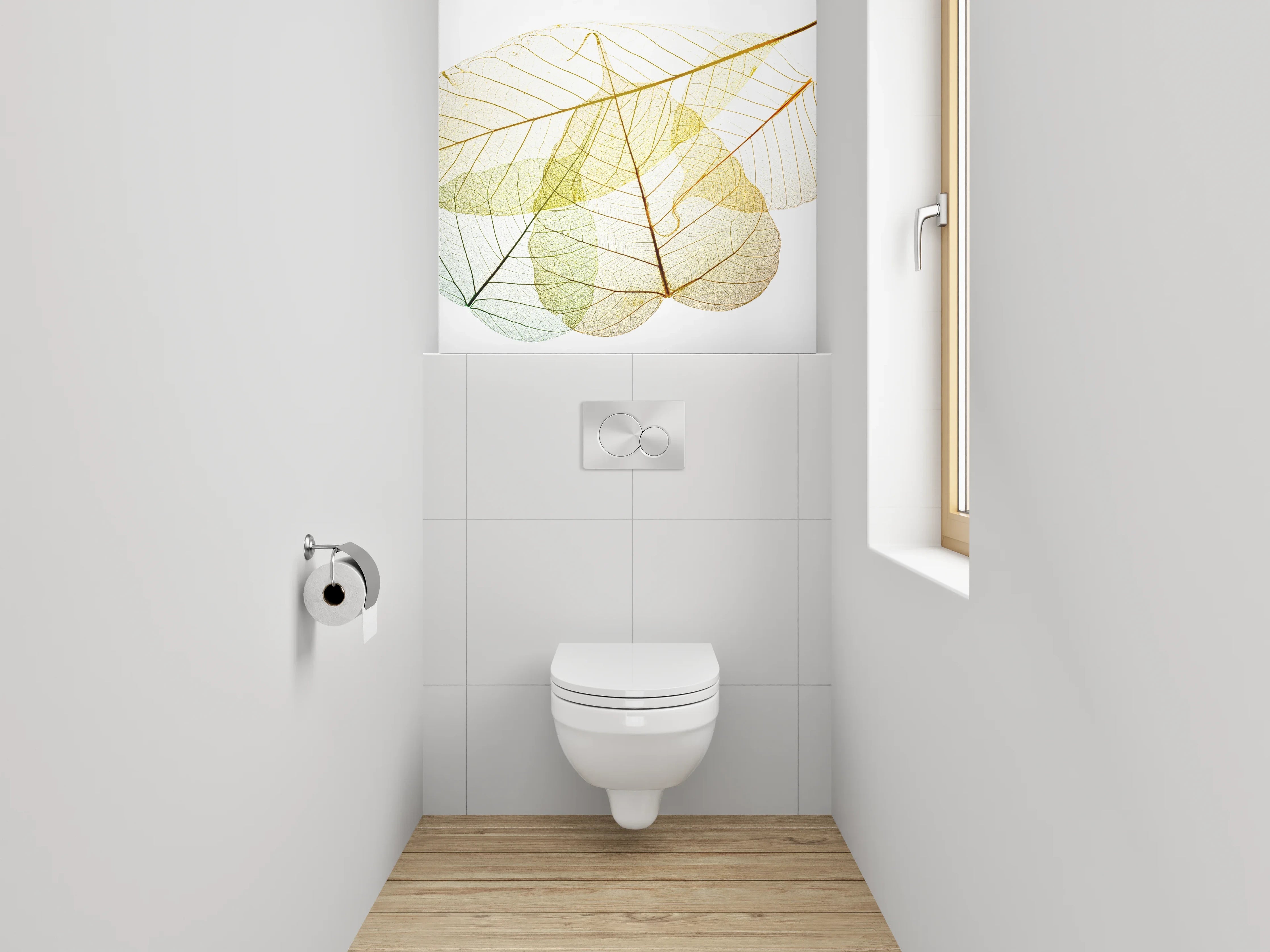 WC-Rückwand - Zarte Skelettblätter auf Weiß
