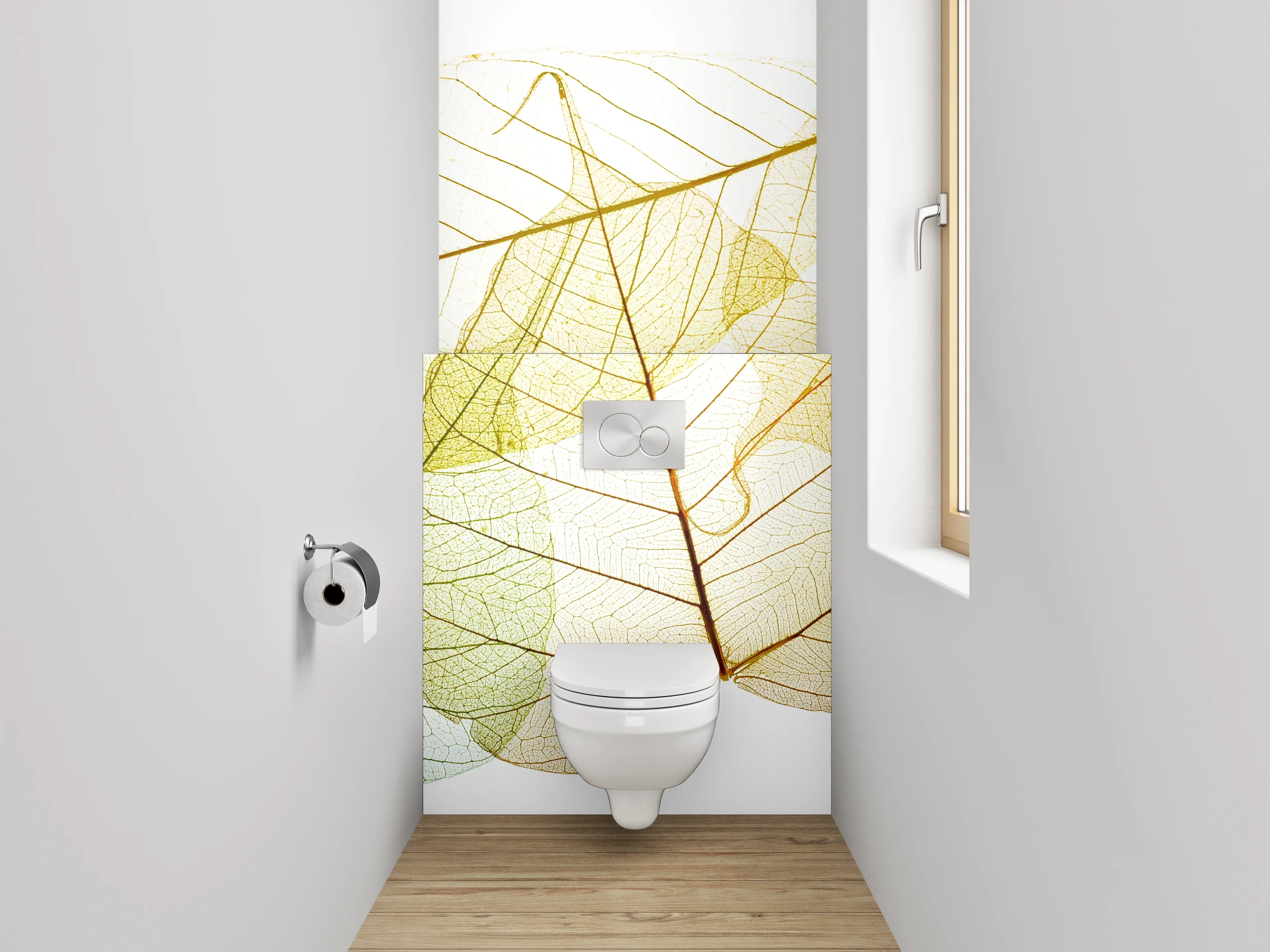 WC-Rückwand - Zarte Skelettblätter auf Weiß