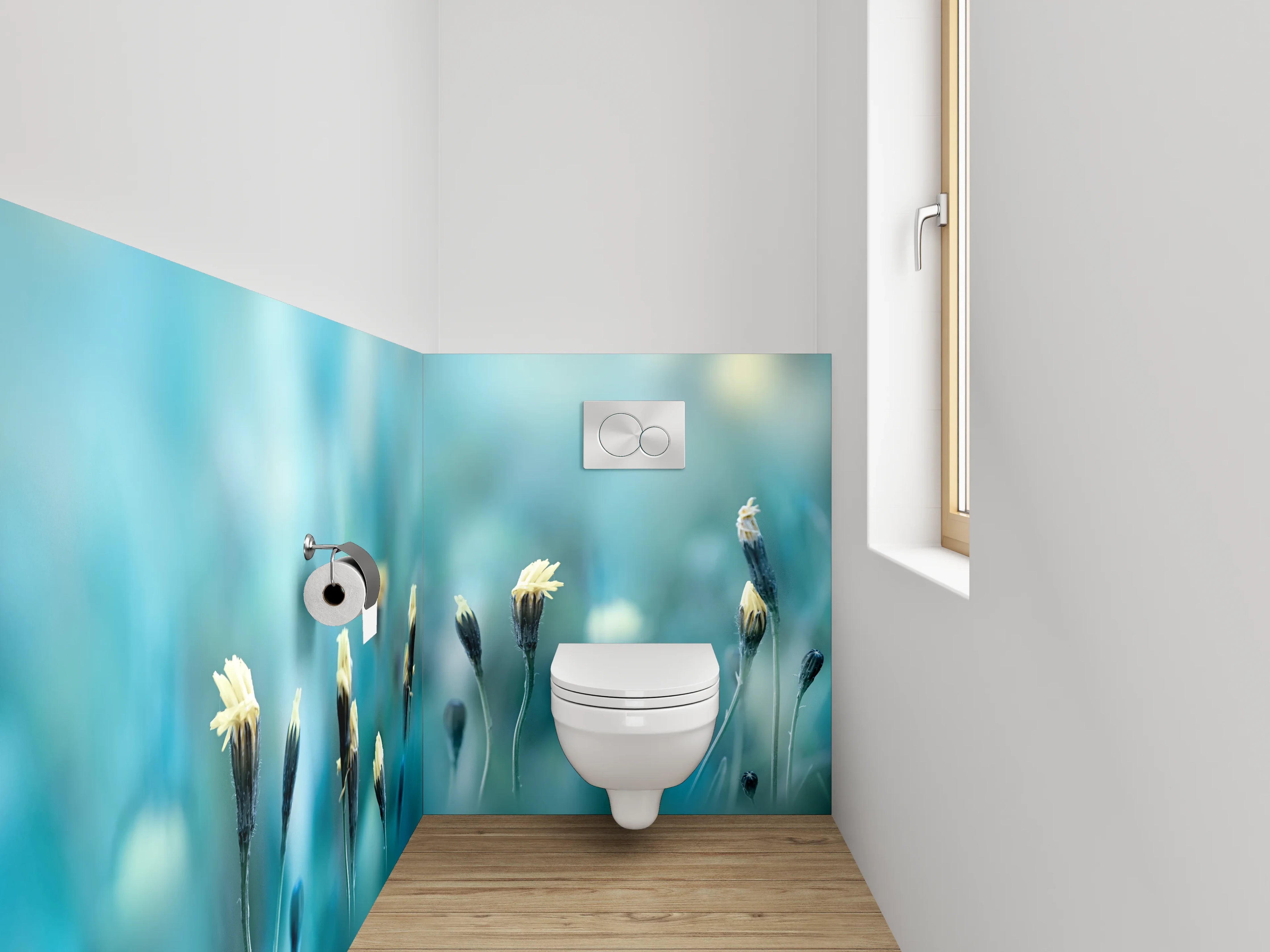 WC-Rückwand - Zarte Wiesenblumen auf Türkisblau