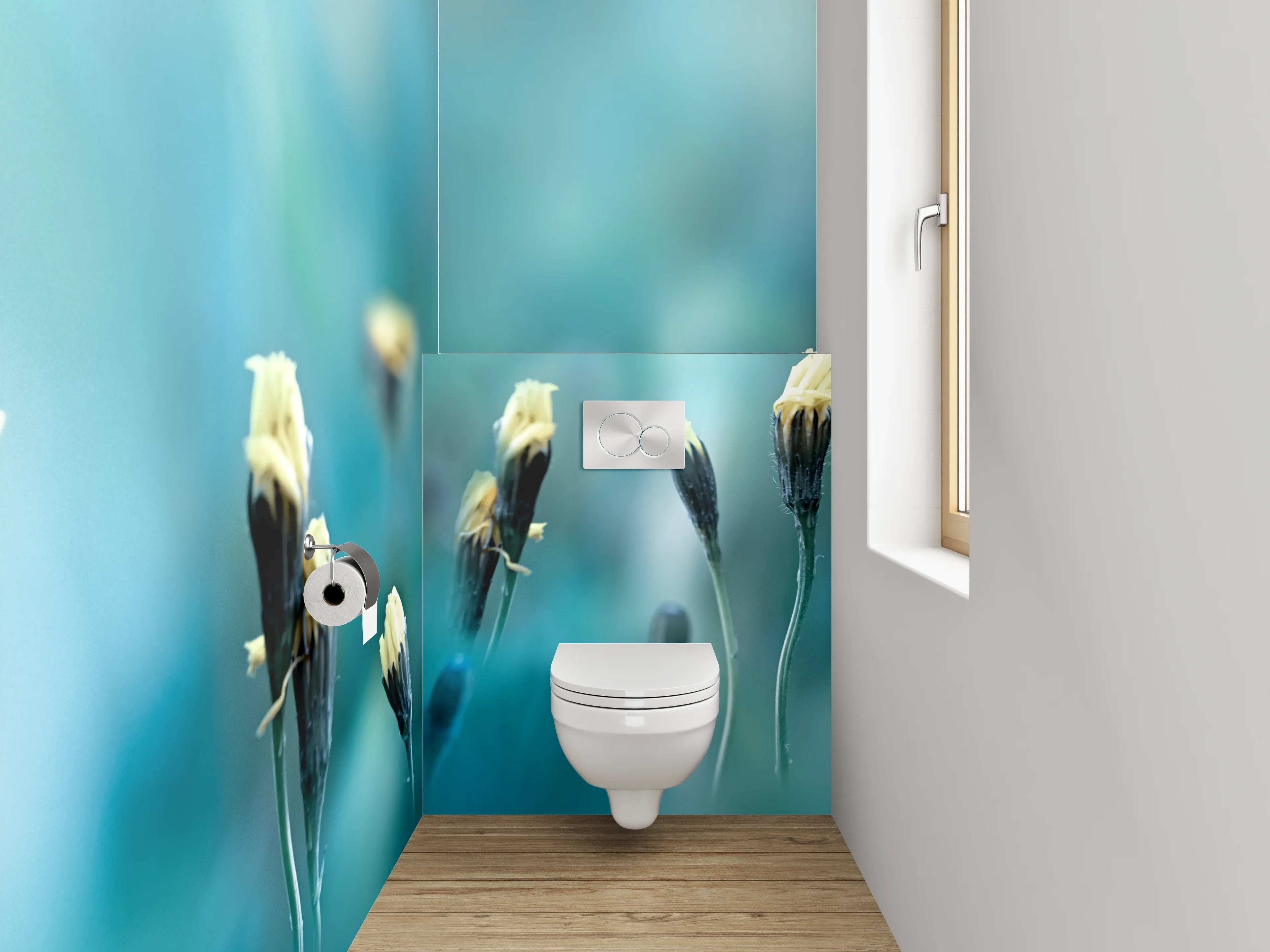 WC-Rückwand - Zarte Wiesenblumen auf Türkisblau