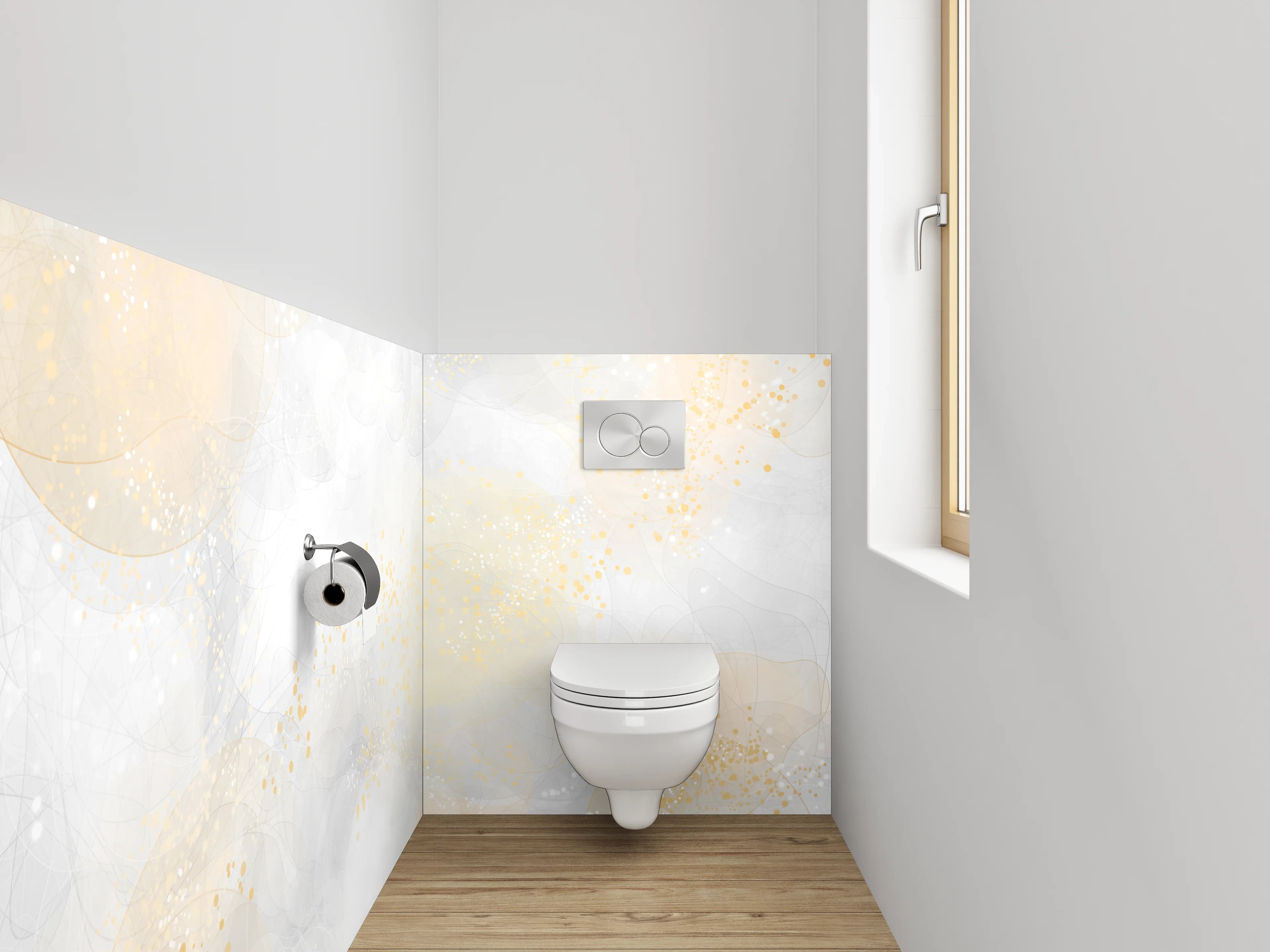 WC-Rückwand - Zarte abstrakte Goldakzente auf Weiß