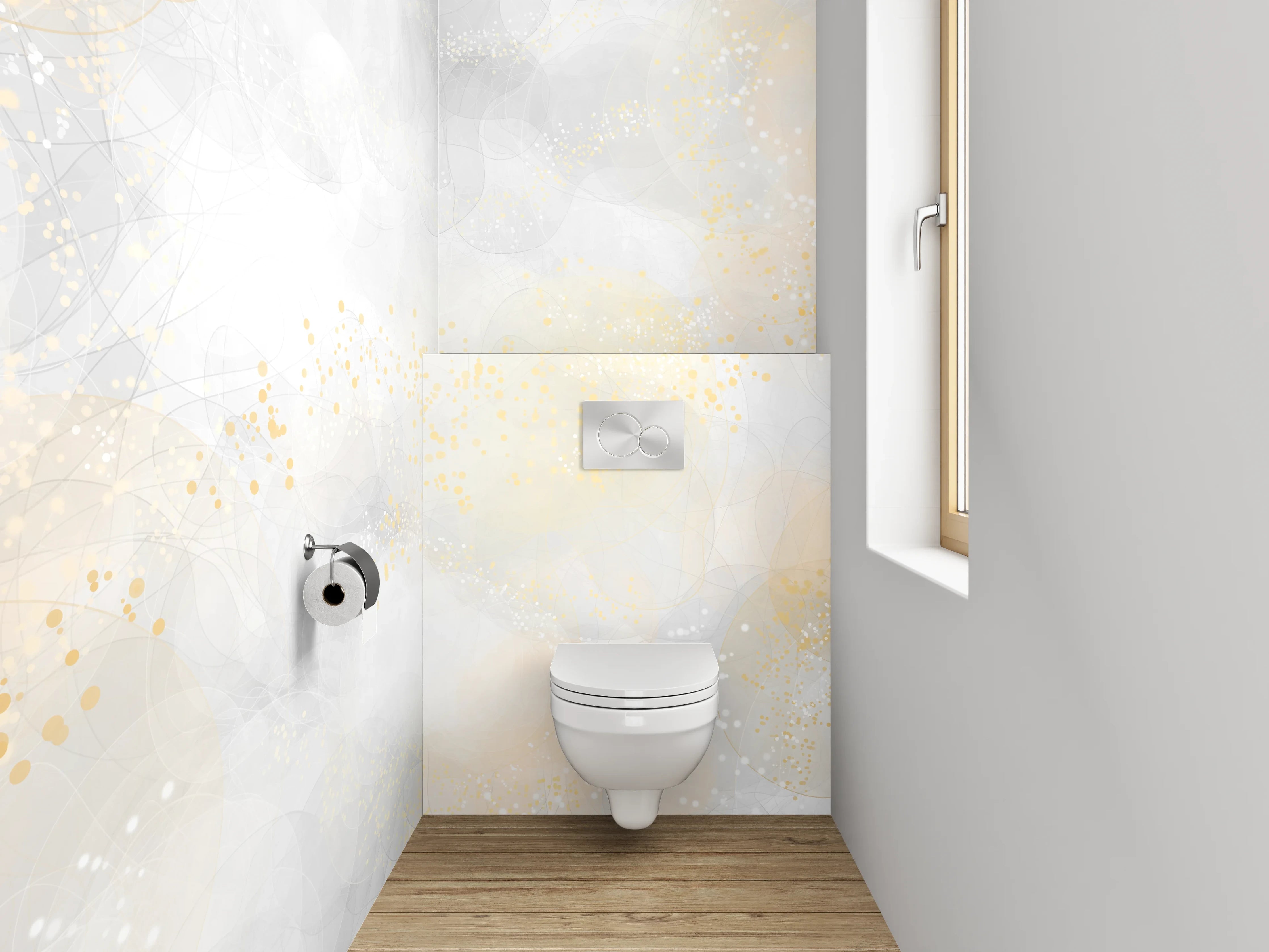 WC-Rückwand - Zarte abstrakte Goldakzente auf Weiß