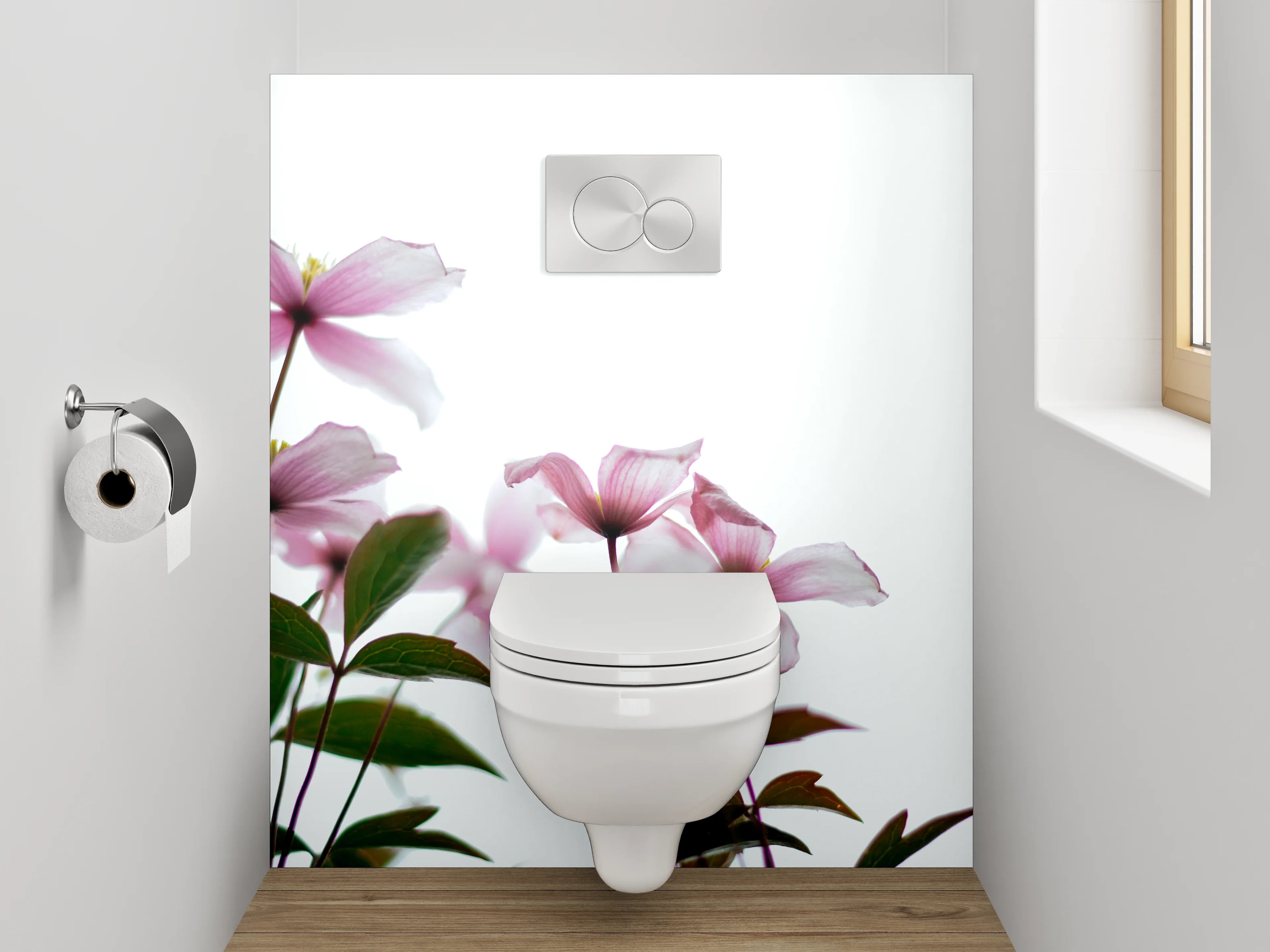 WC-Rückwand - Zarte rosa Blüten vor hellem Himmel