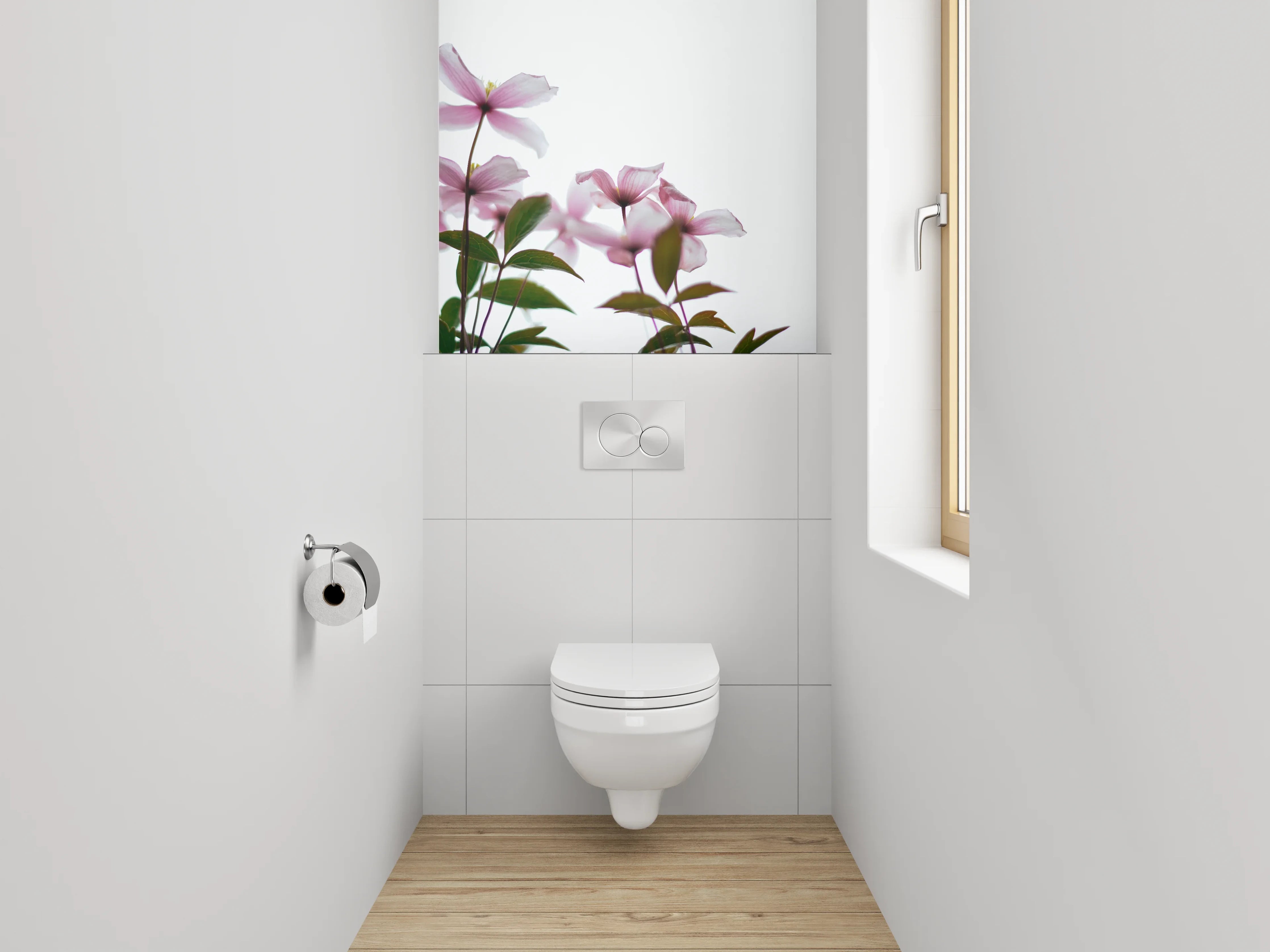WC-Rückwand - Zarte rosa Blüten vor hellem Himmel