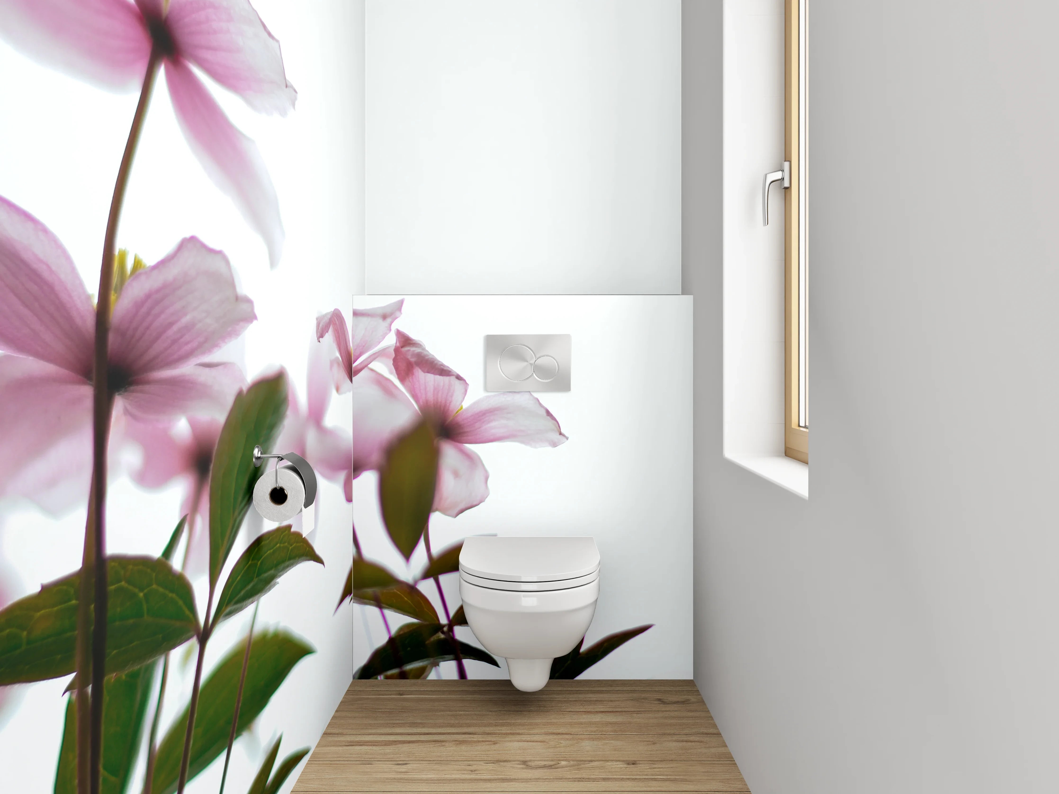 WC-Rückwand - Zarte rosa Blüten vor hellem Himmel