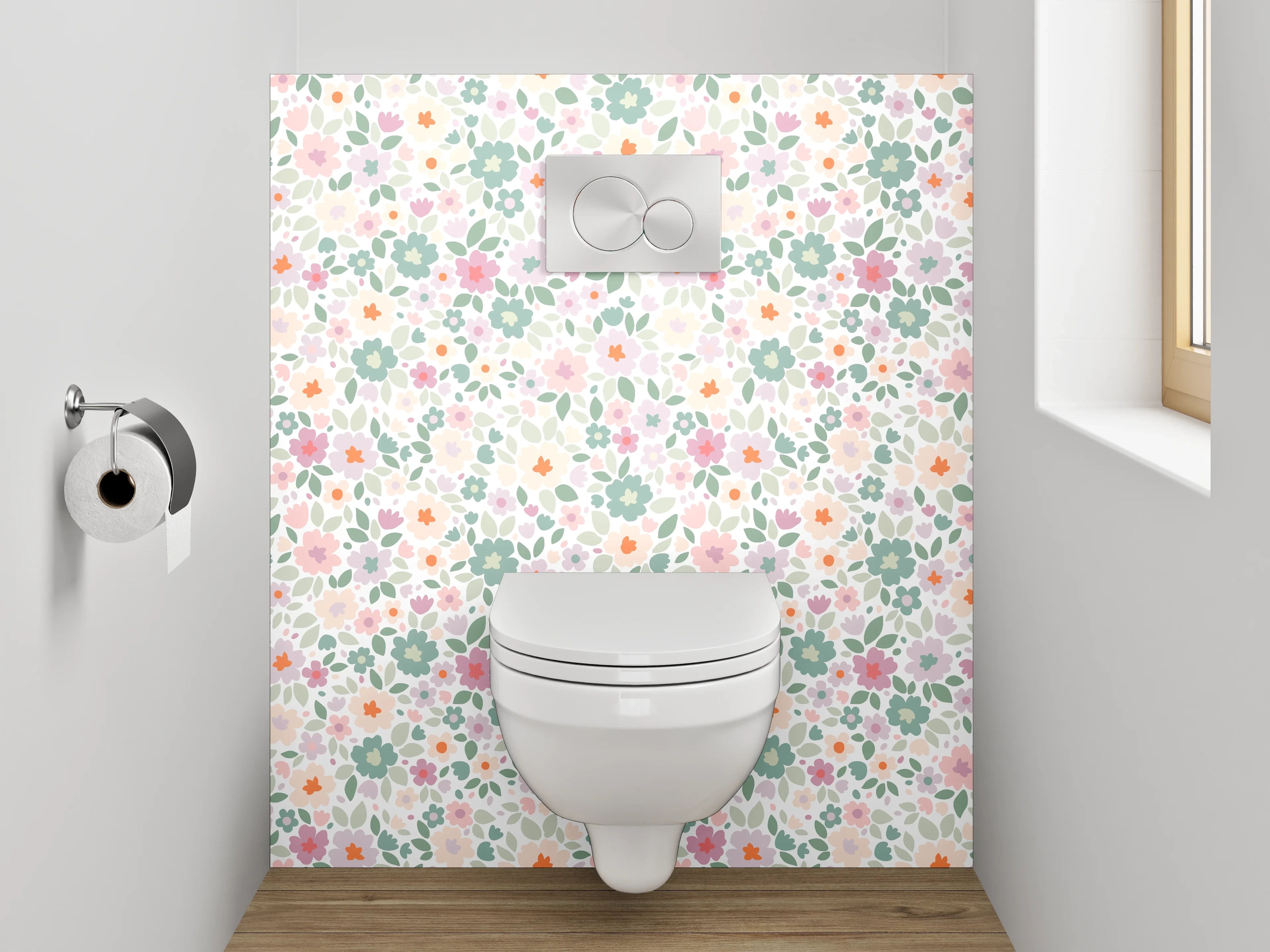 WC-Rückwand - Zartes Blumenmuster Pastell Rosa Grün