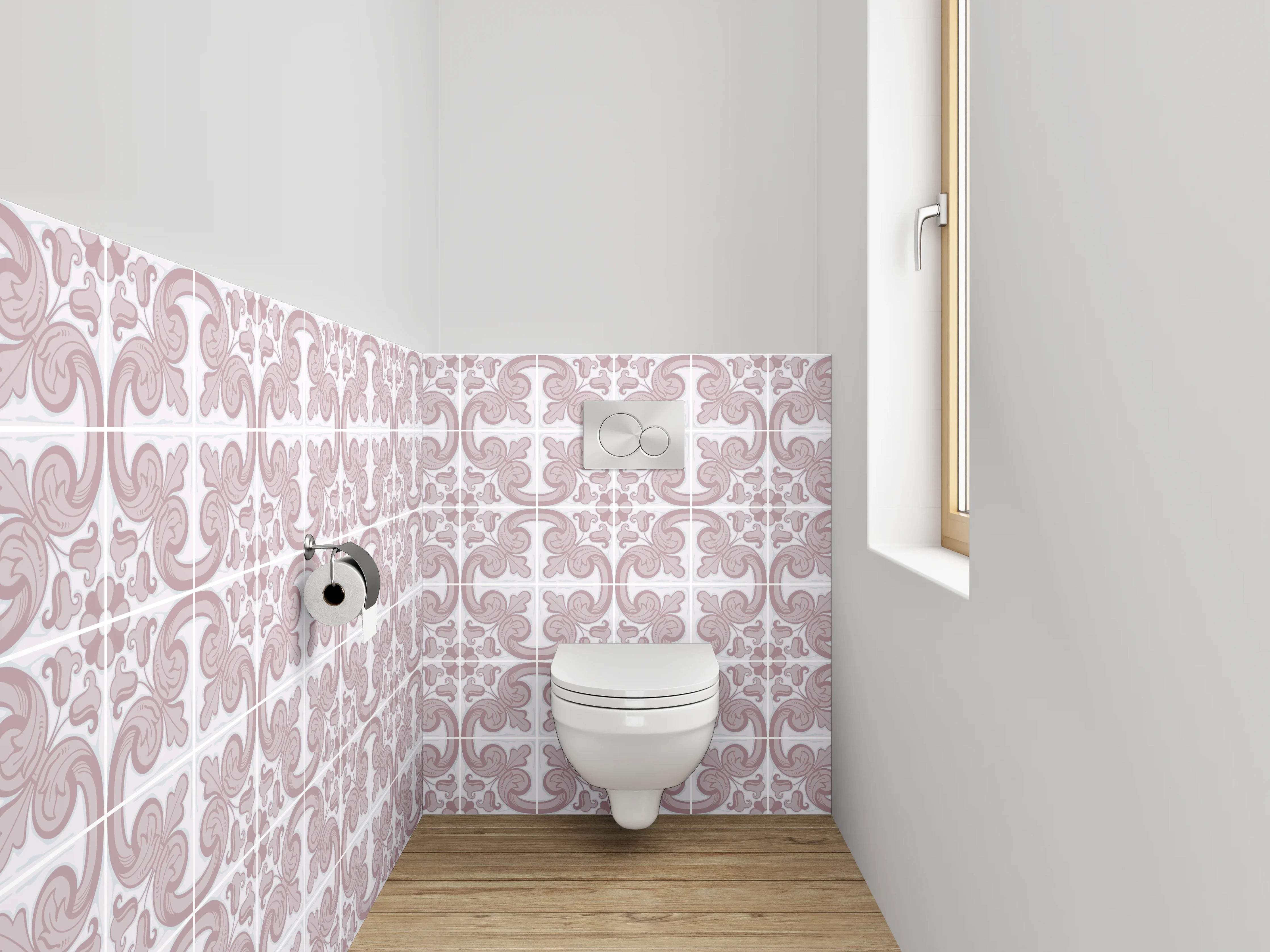 WC-Rückwand - Zartes Ornament Muster Rosa Weiß
