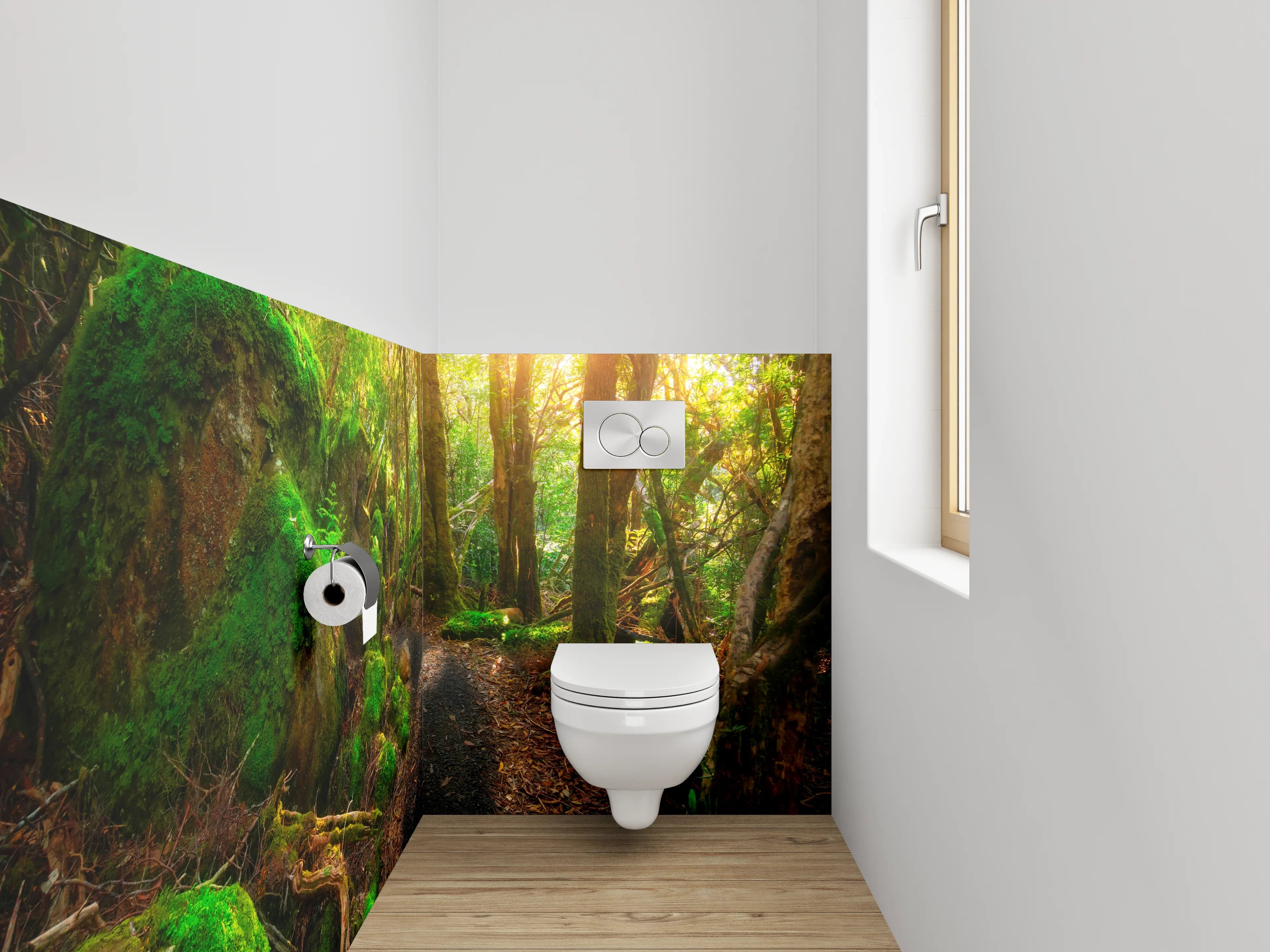WC-Rückwand - Zauberhafter Waldweg bei Sonnenaufgang