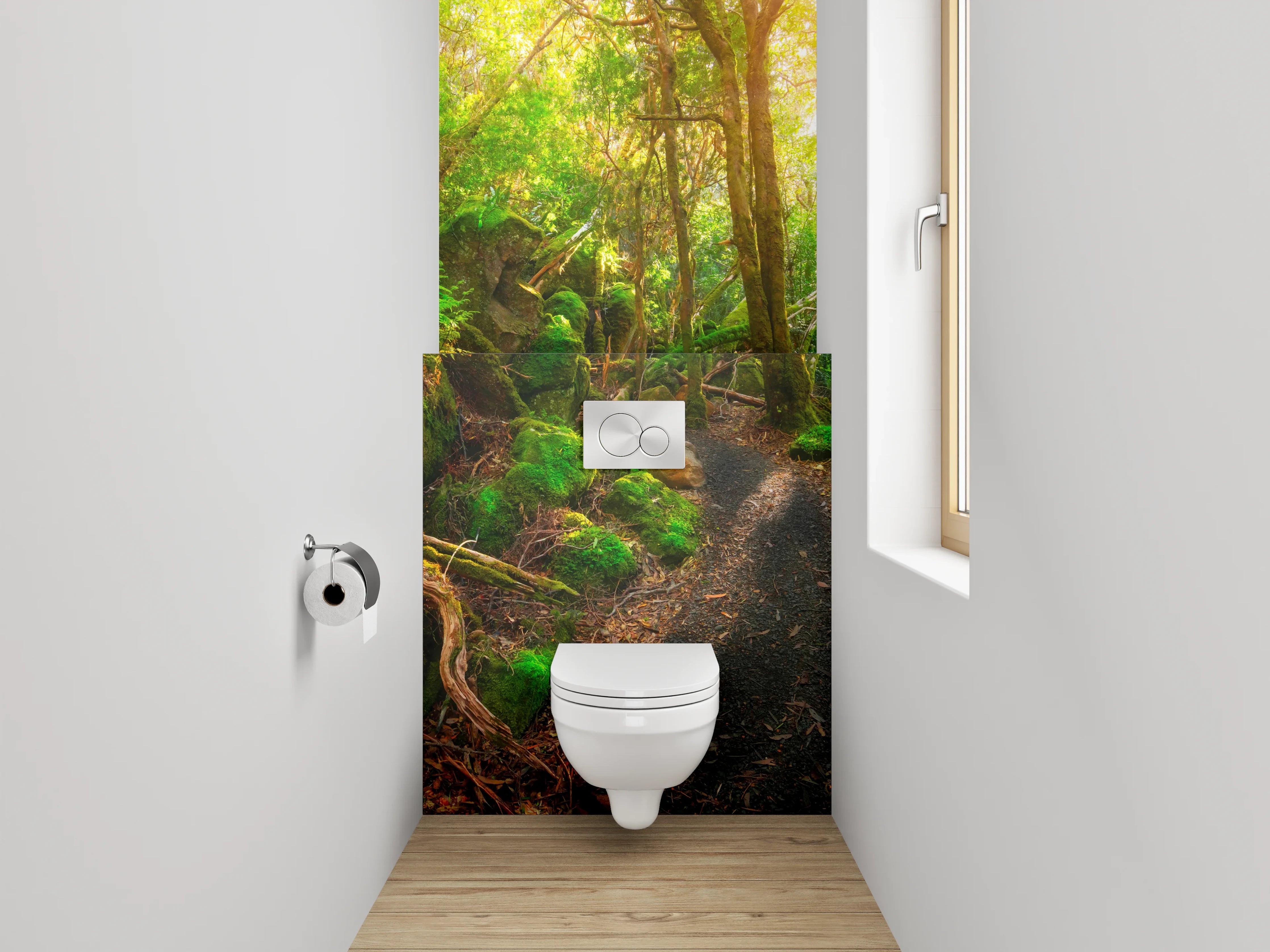 WC-Rückwand - Zauberhafter Waldweg bei Sonnenaufgang