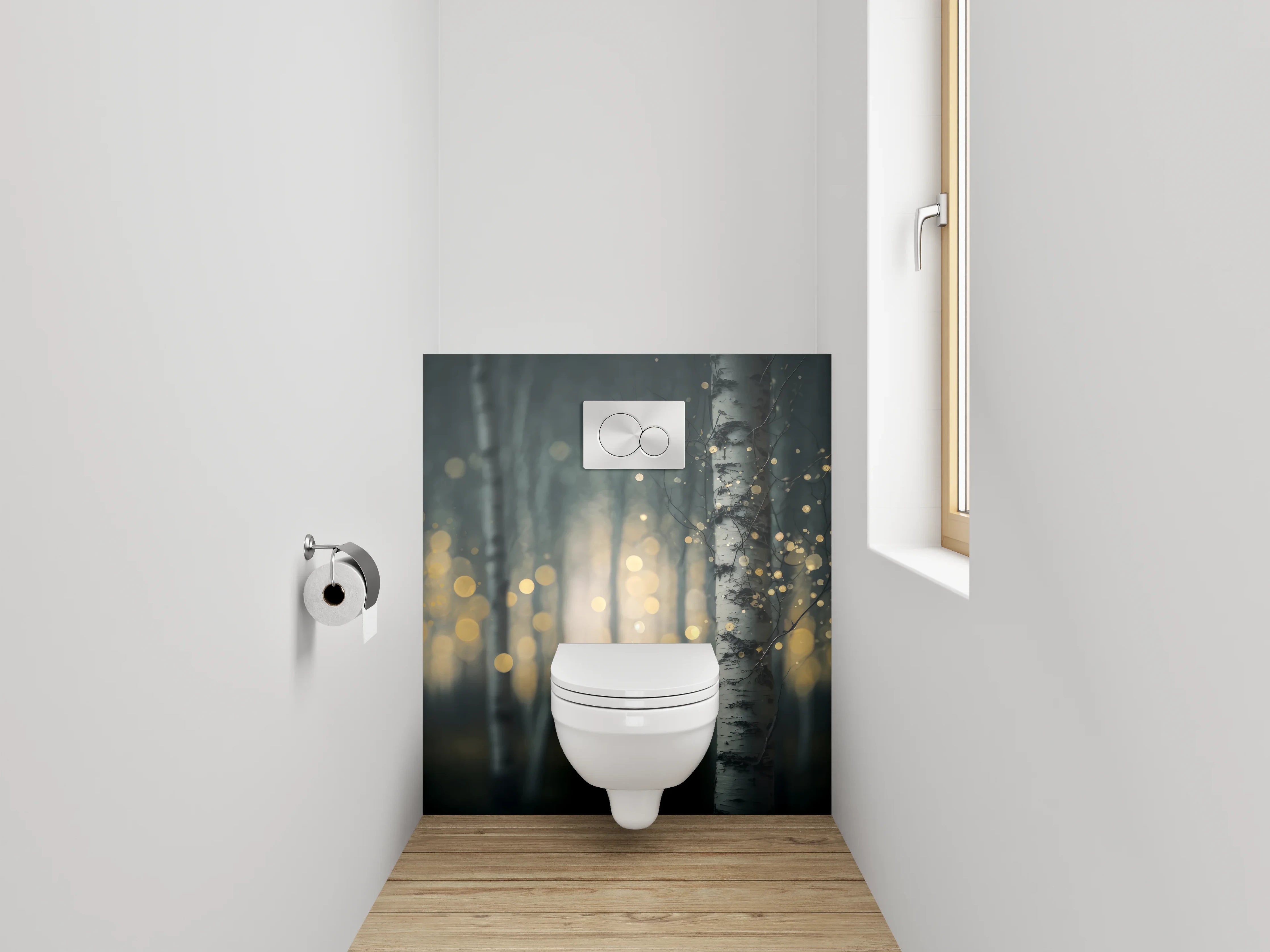 WC-Rückwand - Zauberwald Birken Bokeh Licht