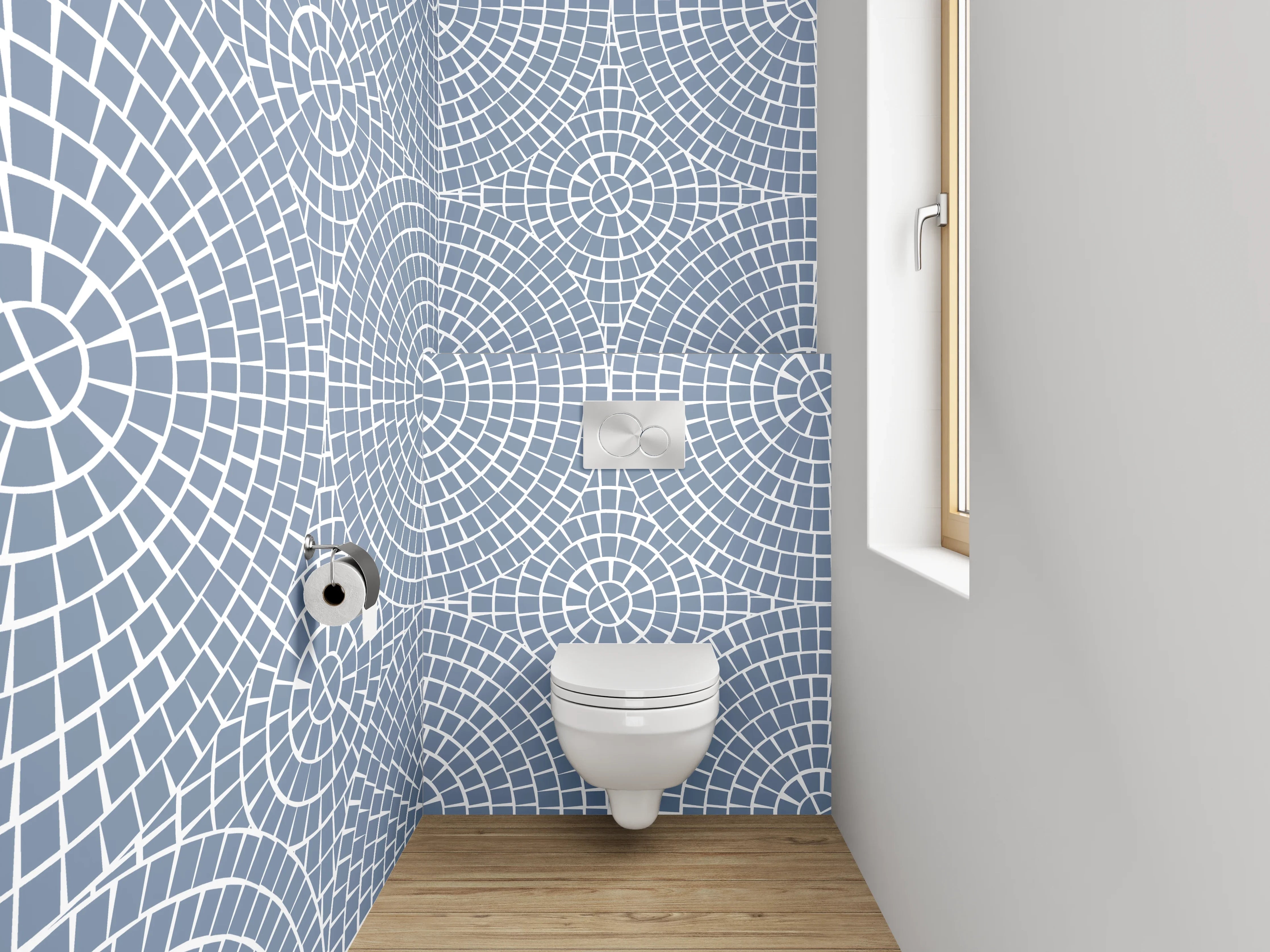 WC-Rückwand - Zeitgenössische geometrische Designs in Blau und Grautönen