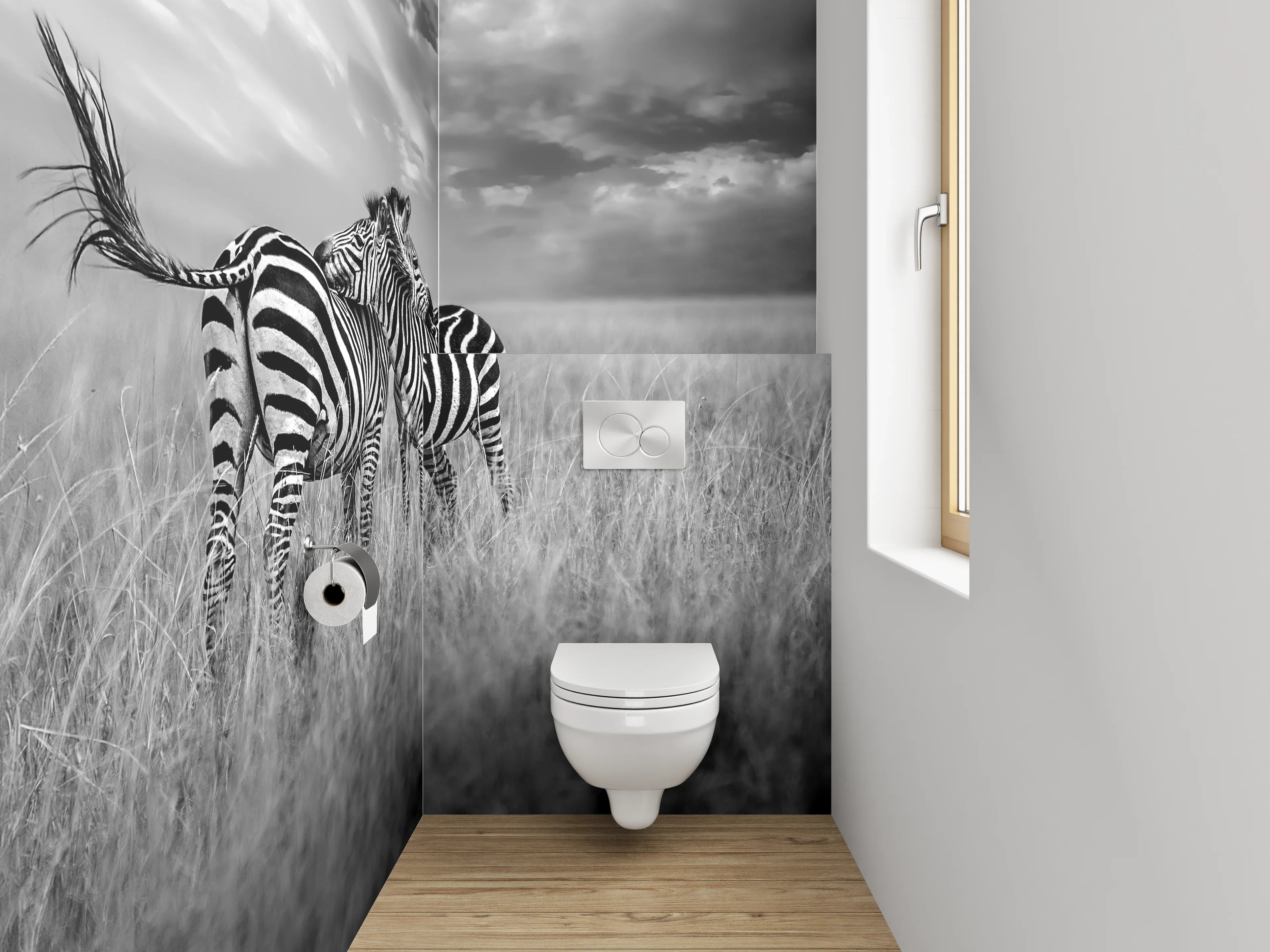 WC-Rückwand - Zwei Zebras auf weiter Savanne Schwarz-Weiß