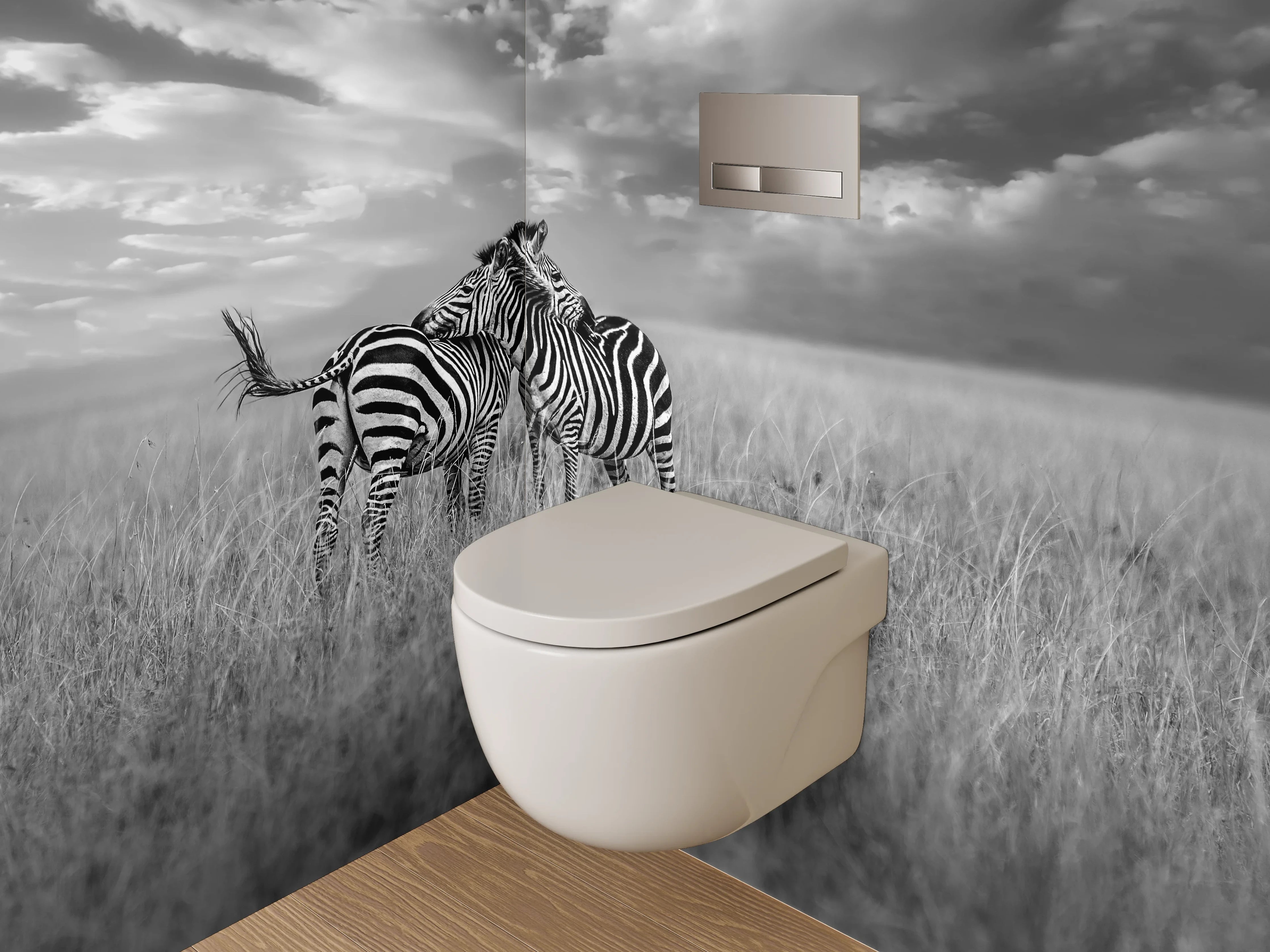 WC-Rückwand - Zwei Zebras auf weiter Savanne Schwarz-Weiß