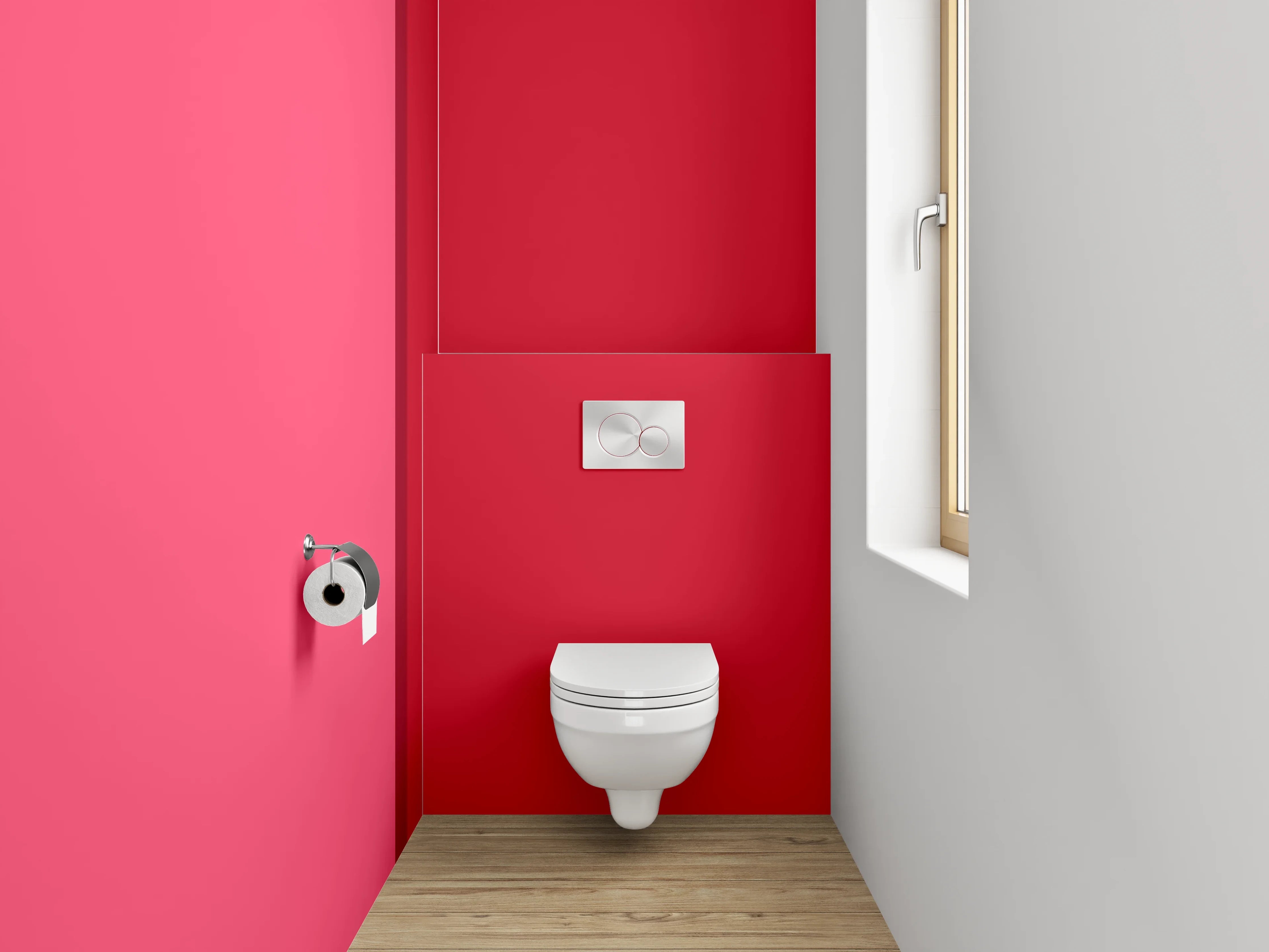WC-Rückwand - Zweiteilige Farbfläche Rot und Rosa