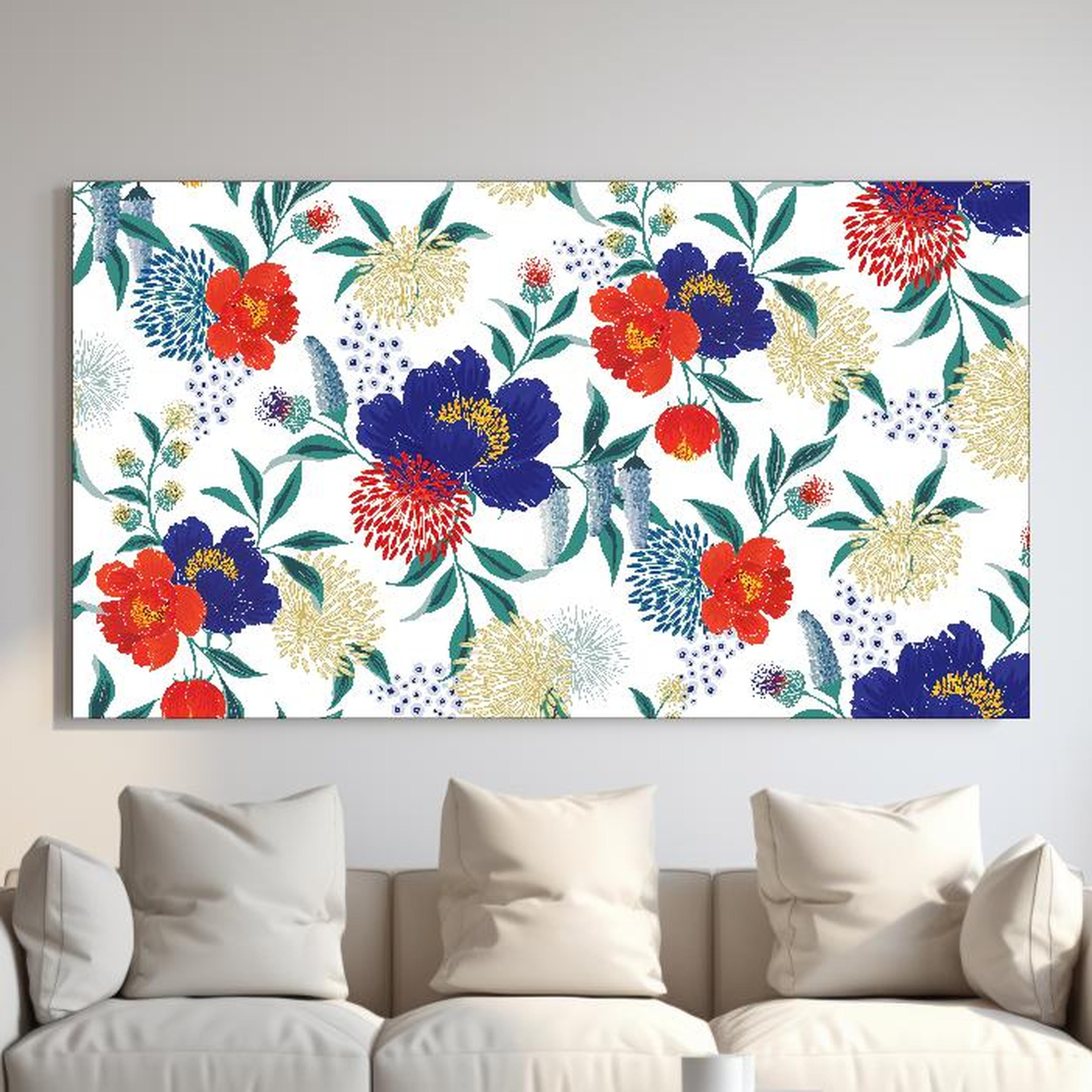 Wandbild - Bunte Blumenmuster Wandtapete Design hinter sanfter Couch mit cremefarbenen großen Kissen Zoom